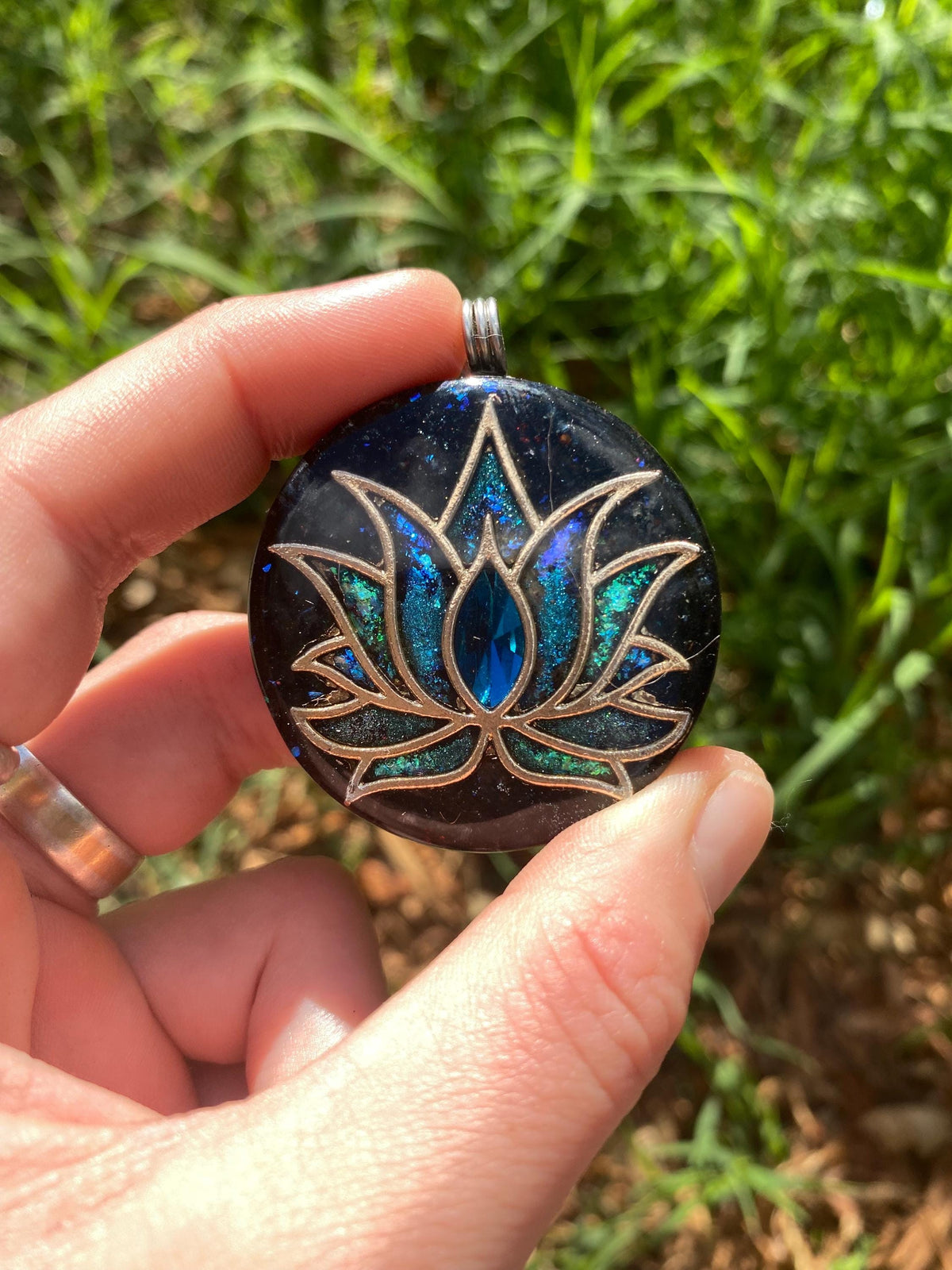 Lotus. Orgone Pendant Necklace. Made w Elite Shungite, Vivianite & Tensor Ring. Powerful. 5G Protection
