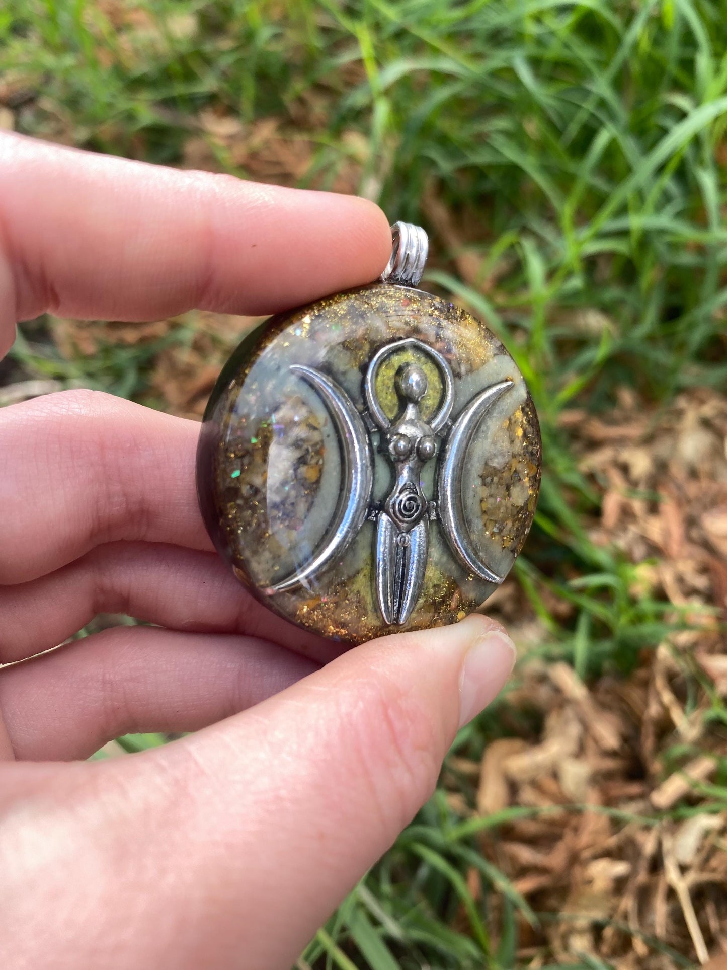Triple Moon Goddess Deity, Orgone Pendant Necklace. Made w Elite Shungite, 24ct Gold. Yellow Aventurine & Tensor Ring. 5G Protection.