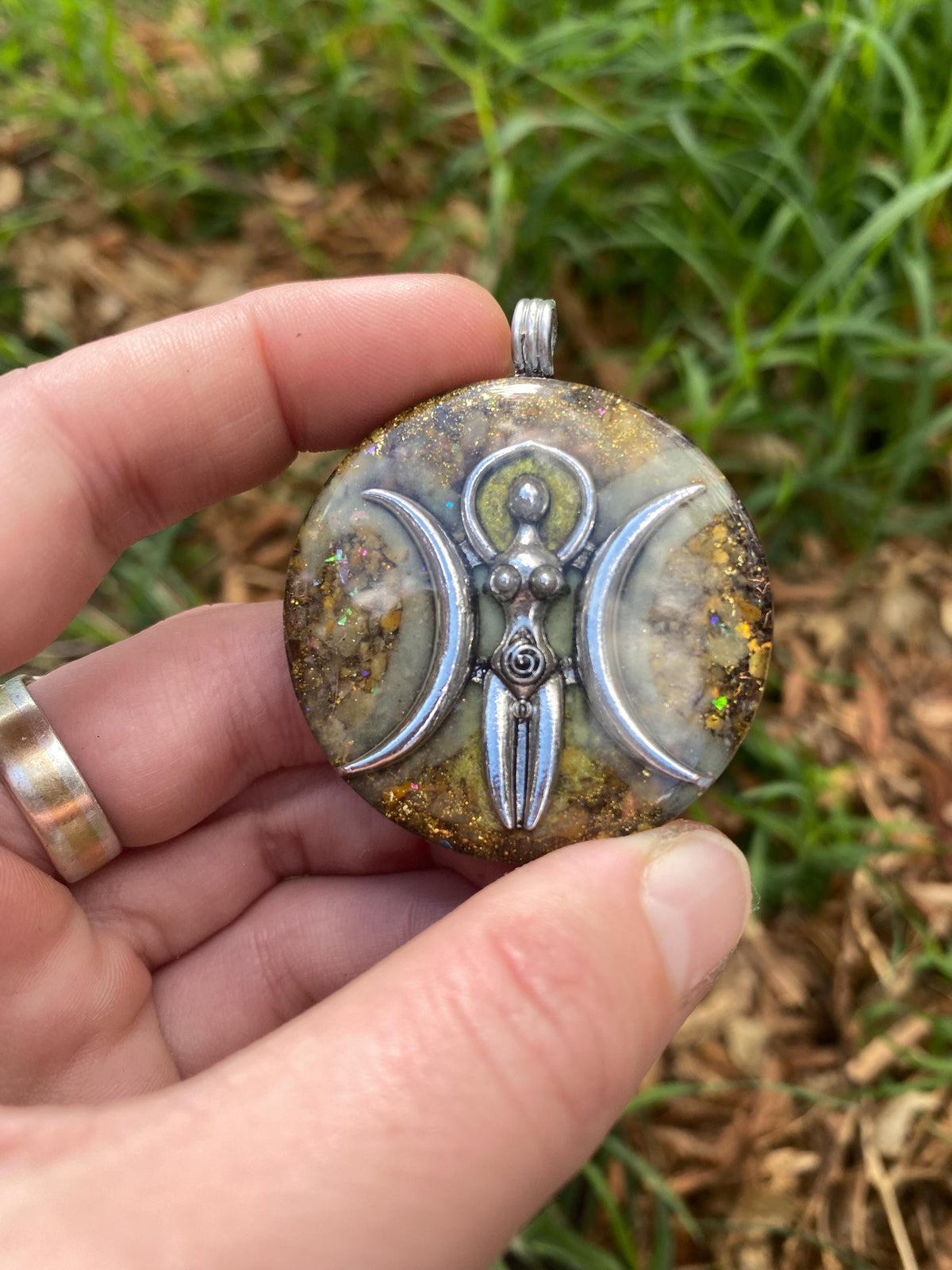 Triple Moon Goddess Deity, Orgone Pendant Necklace. Made w Elite Shungite, 24ct Gold. Yellow Aventurine & Tensor Ring. 5G Protection.