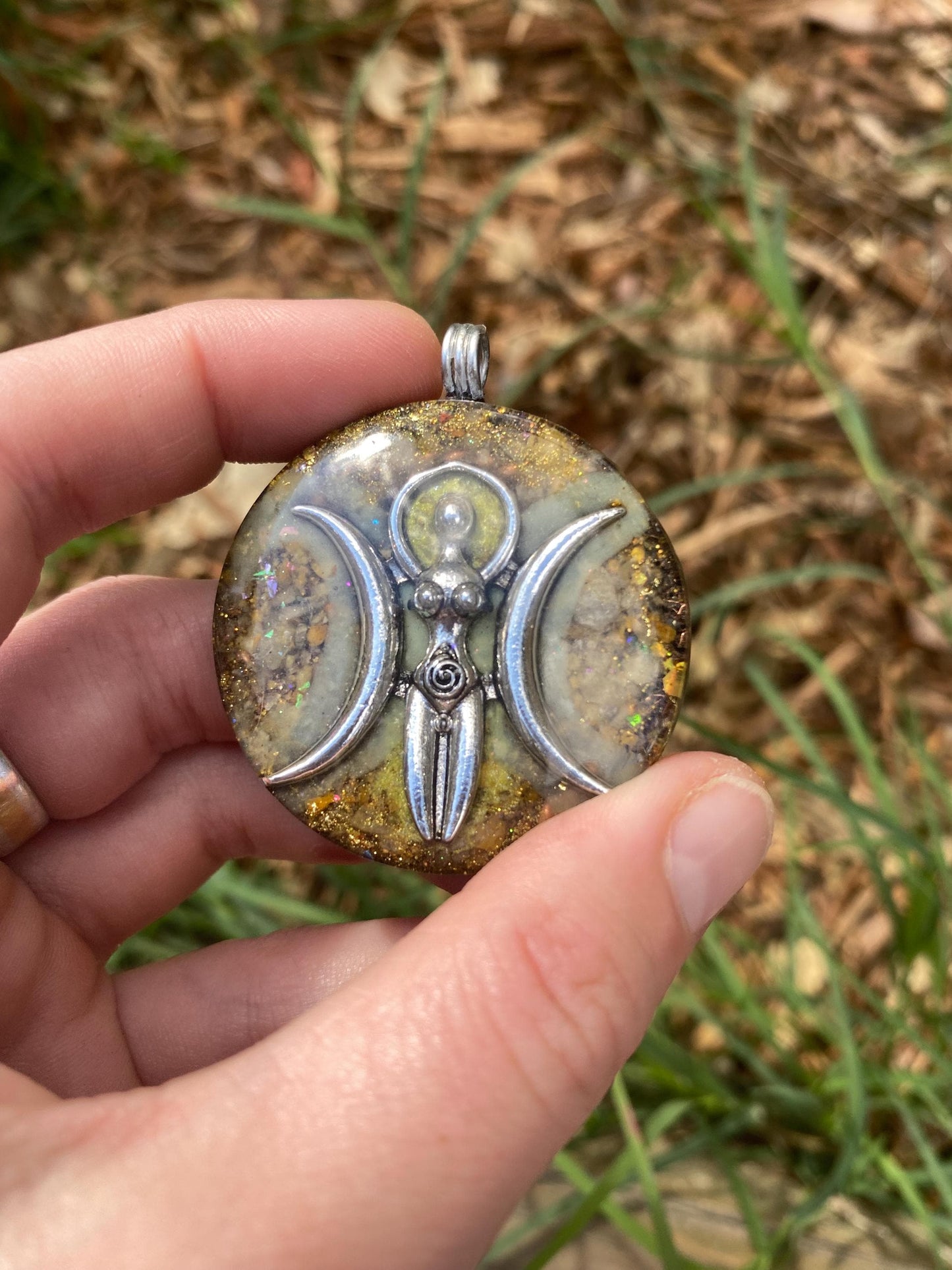 Triple Moon Goddess Deity, Orgone Pendant Necklace. Made w Elite Shungite, 24ct Gold. Yellow Aventurine & Tensor Ring. 5G Protection.