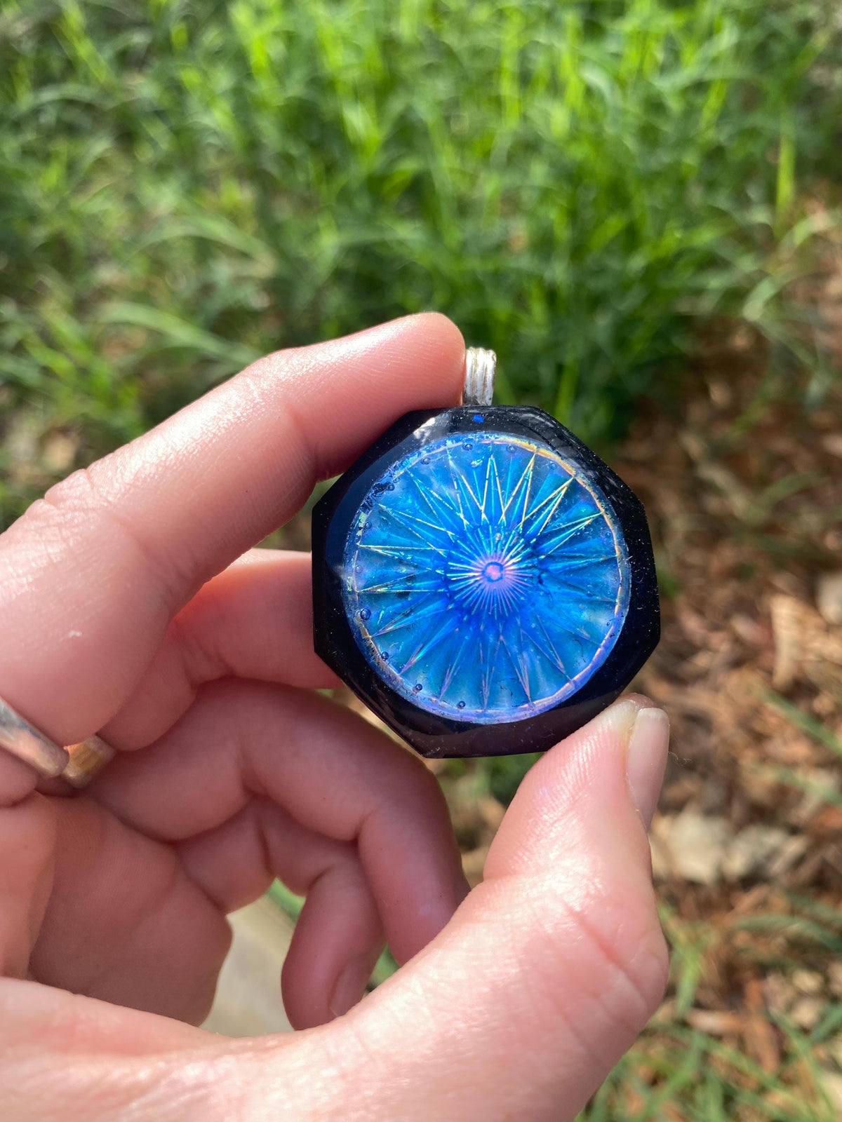 Holographic Mandala. Pendant Necklace. Made w Elite Shungite, Selenite and Mica. Powerful. EMF Protection. 5G Protection. TENSOR RING