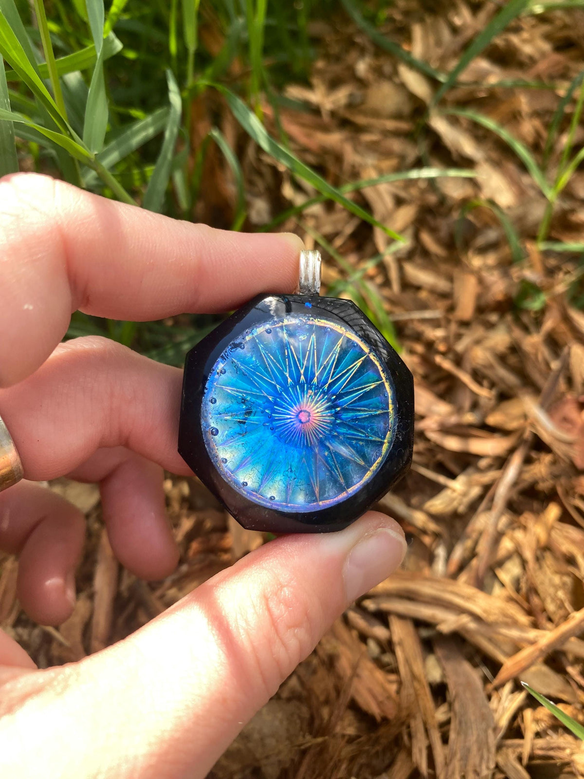 Holographic Mandala. Pendant Necklace. Made w Elite Shungite, Selenite and Mica. Powerful. EMF Protection. 5G Protection. TENSOR RING