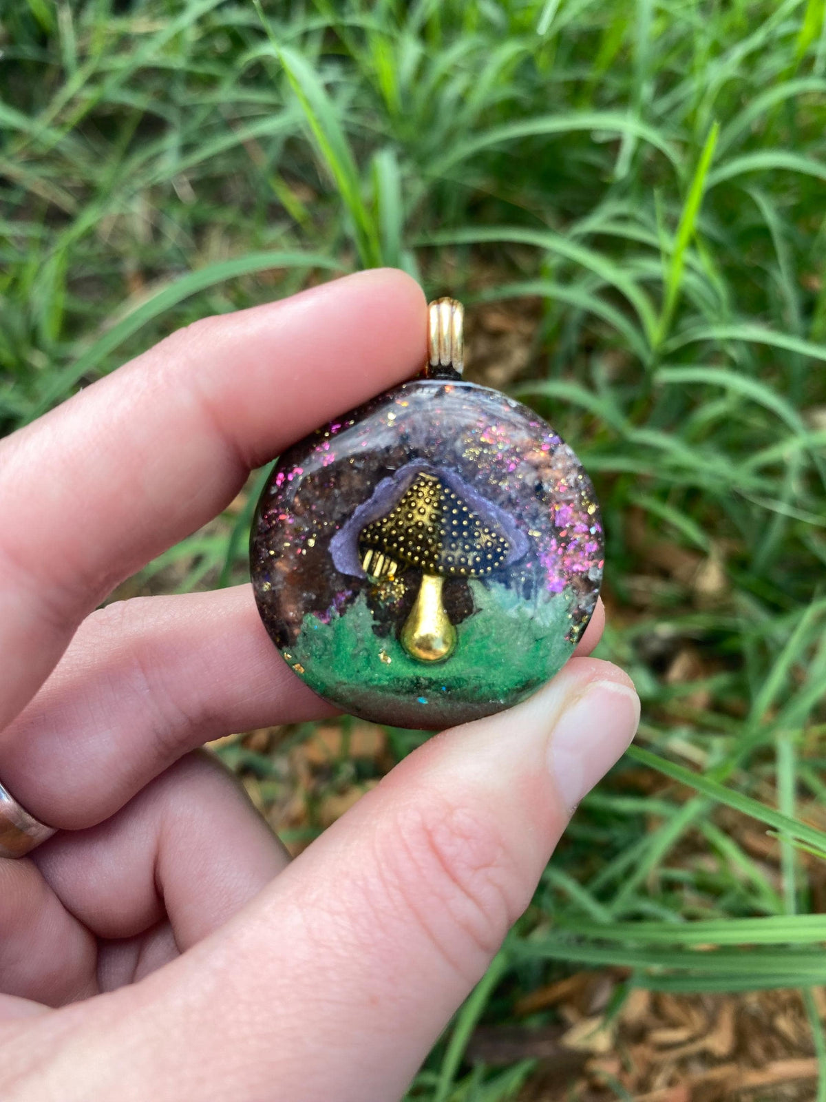 Mushroom. Orgone Pendant Necklace. Made w Elite Shungite, Sunstone and 24ct Gold. Powerful EMF Protection.