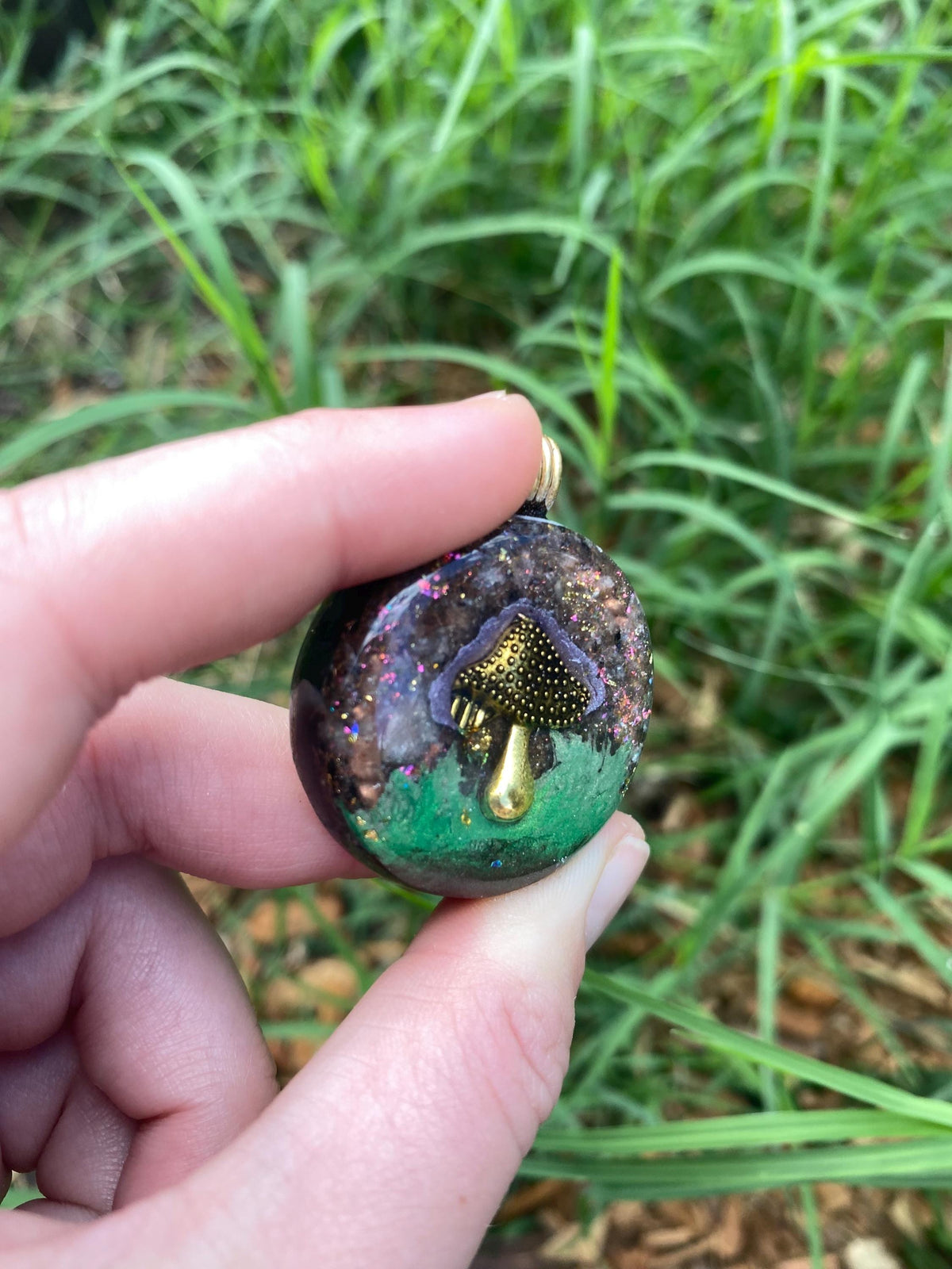Mushroom. Orgone Pendant Necklace. Made w Elite Shungite, Sunstone and 24ct Gold. Powerful EMF Protection.