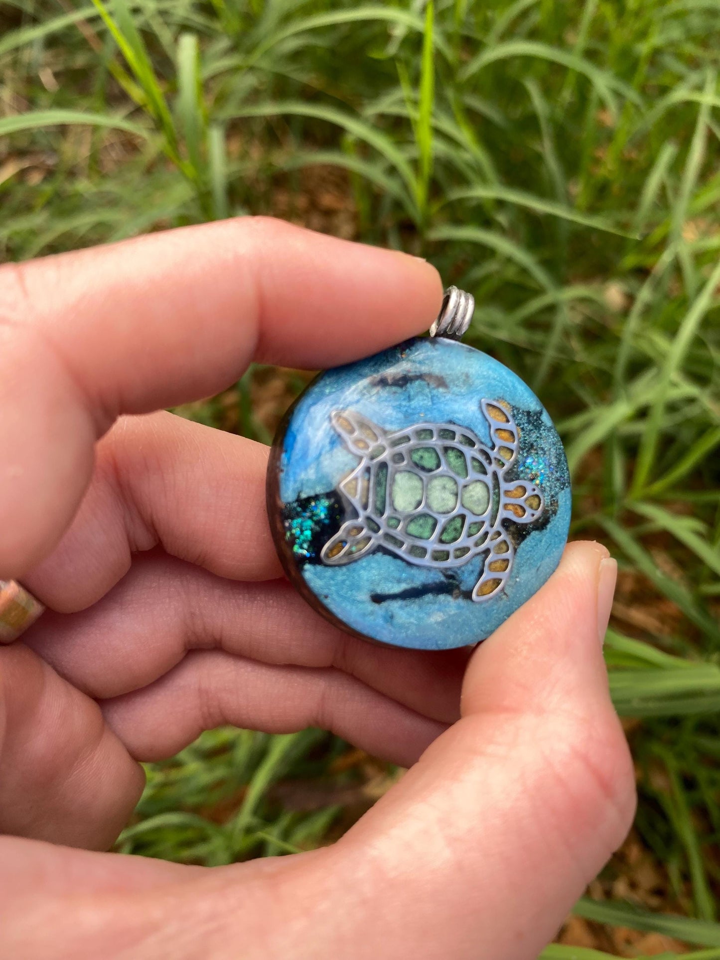 Turtle. Orgone Pendant Necklace. Made w Elite Shungite, Vivianite & Tensor Ring. Powerful. 5G Protection.