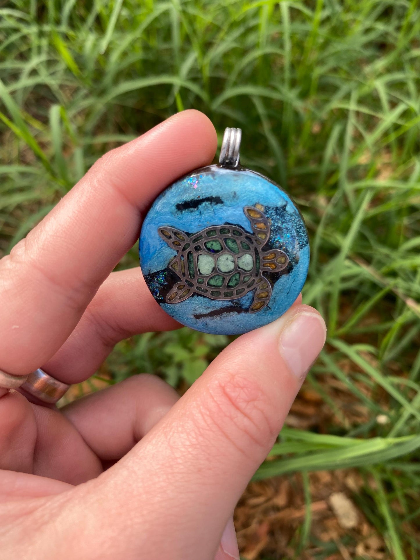 Turtle. Orgone Pendant Necklace. Made w Elite Shungite, Vivianite & Tensor Ring. Powerful. 5G Protection.