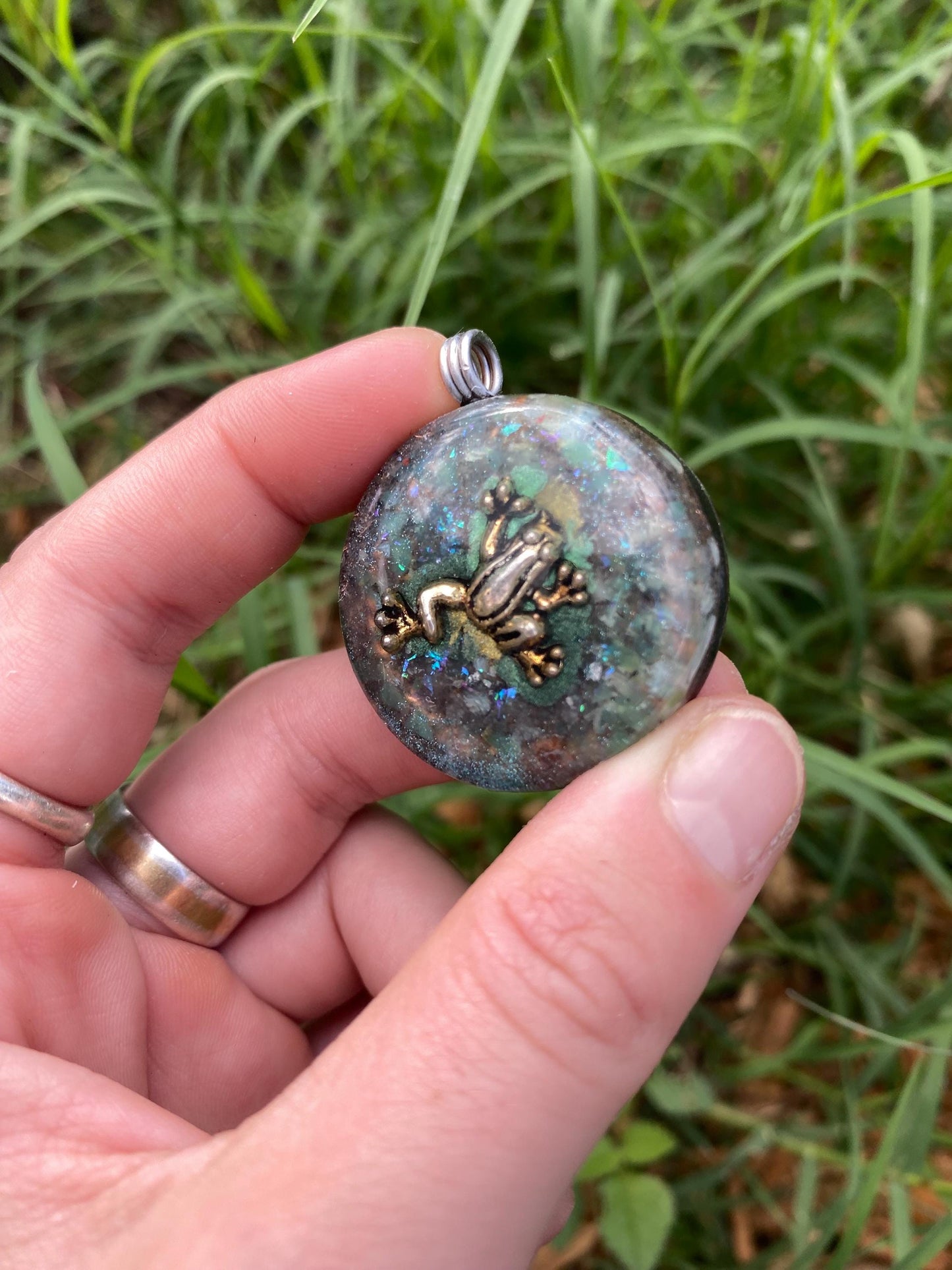 Frog. Orgone Pendant Necklace. Made w Elite Shungite, chryscolla, & Tensor Ring. Powerful. 5G Protection.