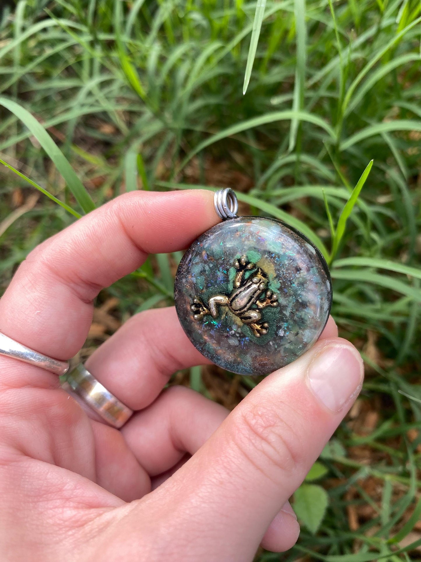 Frog. Orgone Pendant Necklace. Made w Elite Shungite, chryscolla, & Tensor Ring. Powerful. 5G Protection.