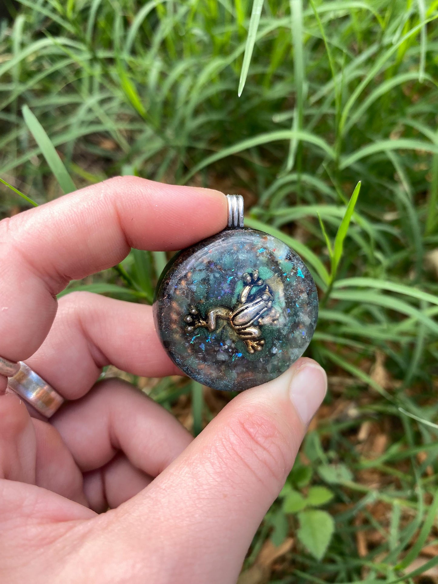 Frog. Orgone Pendant Necklace. Made w Elite Shungite, chryscolla, & Tensor Ring. Powerful. 5G Protection.