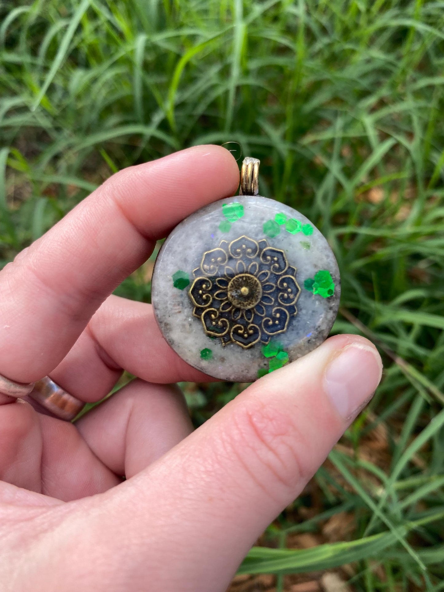 Boho Mandala, Orgone Pendant Necklace. Made w Elite Shungite, Yellow Aventurine & Tensor Ring. Powerful. 5G Protection.