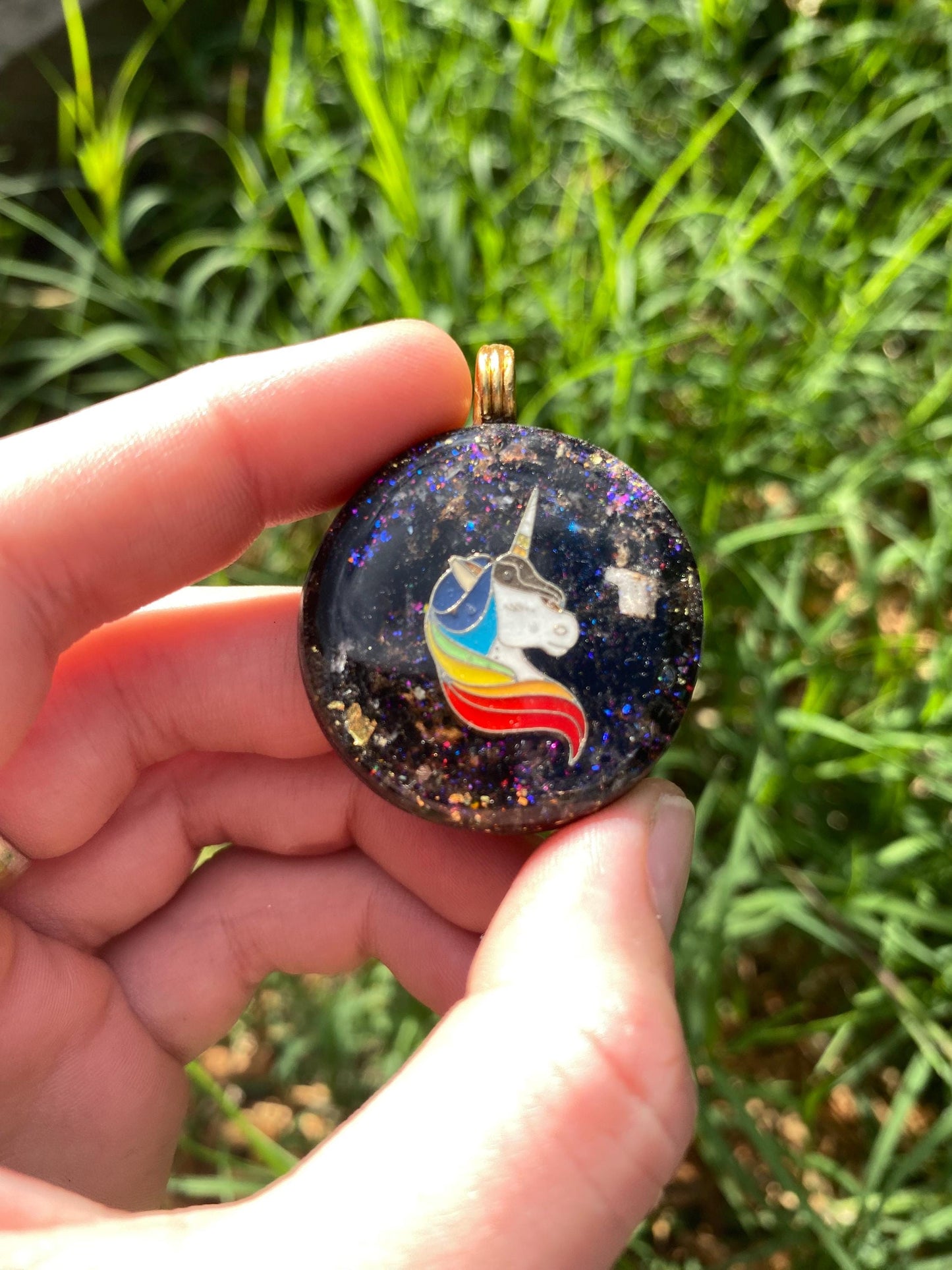 Unicorn orgone Pendant Necklace. Made w Elite Shungite, Selenite, 24ct Gold and Mica. Powerful. EMF 5G Protection. TENSOR RING