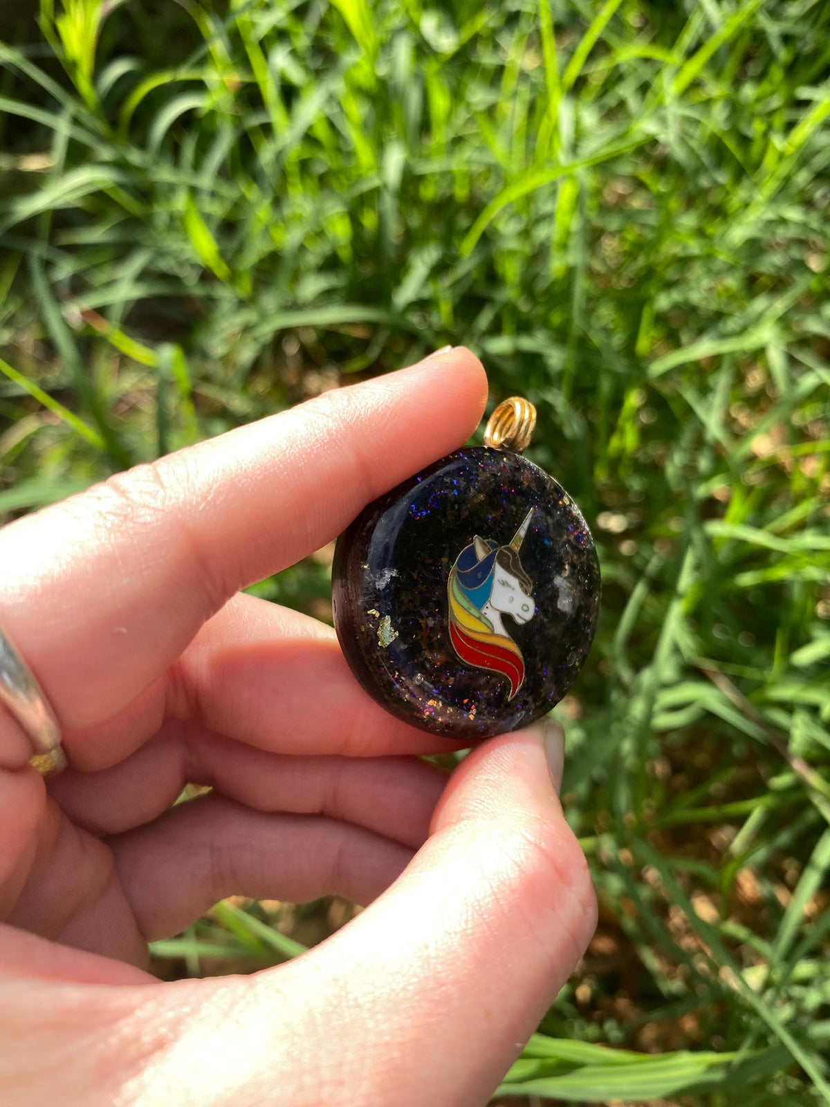 Unicorn orgone Pendant Necklace. Made w Elite Shungite, Selenite, 24ct Gold and Mica. Powerful. EMF 5G Protection. TENSOR RING