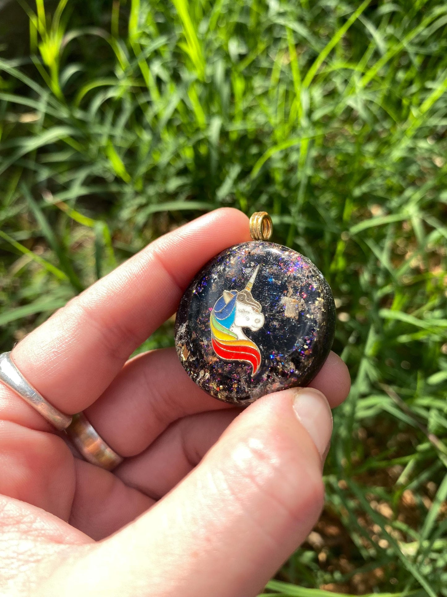 Unicorn orgone Pendant Necklace. Made w Elite Shungite, Selenite, 24ct Gold and Mica. Powerful. EMF 5G Protection. TENSOR RING