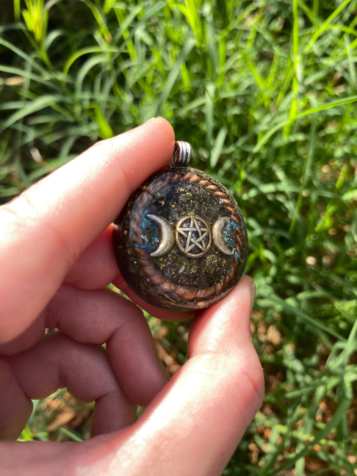 Triple Moon Goddess. Orgone Pendant Necklace. Made w Elite Shungite, Chalcopyrite, 25ct Gold and Tensor Ring. EMF Protection. 5G Protection