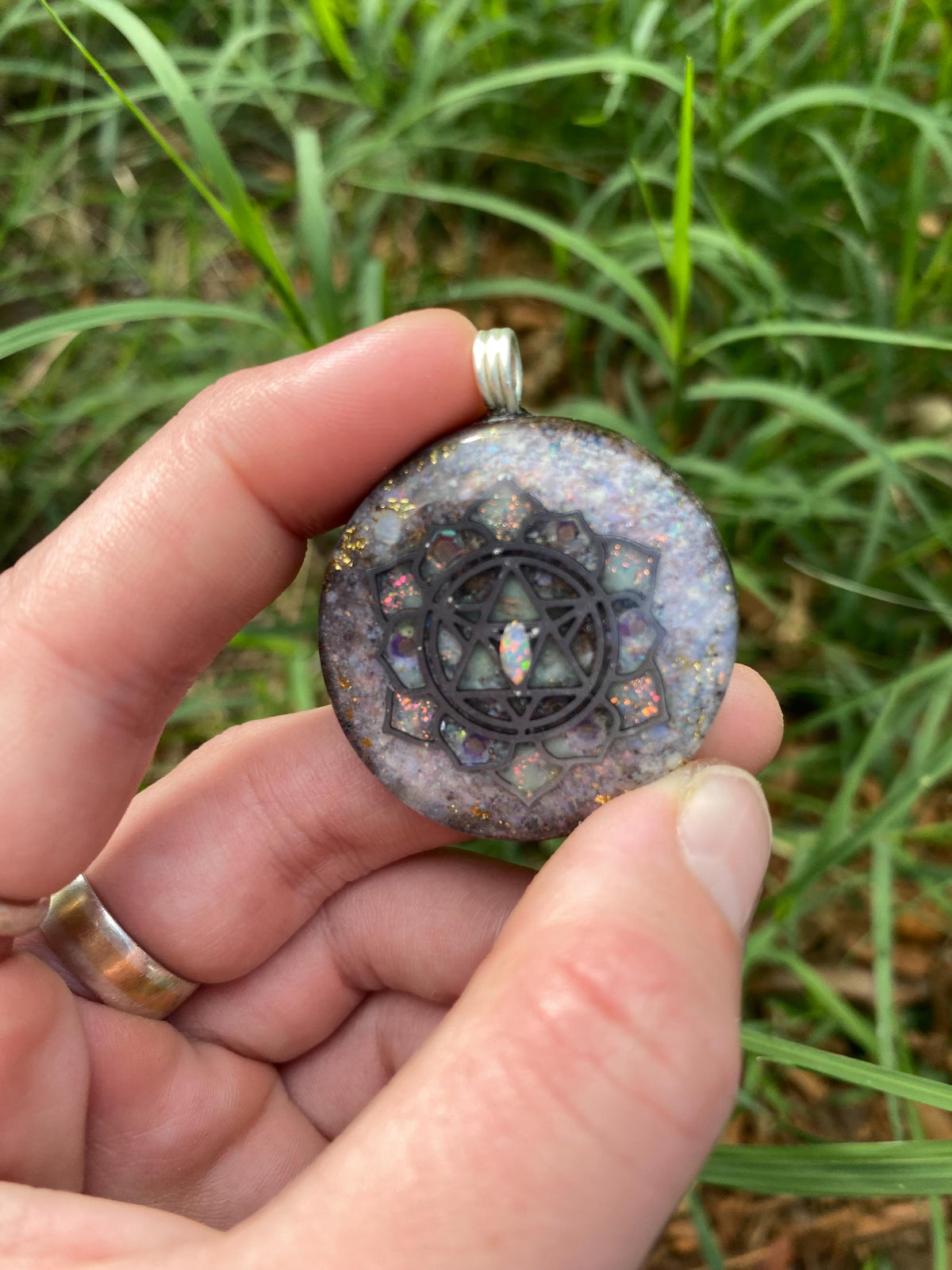 Merkaba Mandala, Orgone Pendant Necklace. Made w Elite Shungite, Lightning Ridge Opal.EMF Protection. TENSOR RING. Glow in the dark!