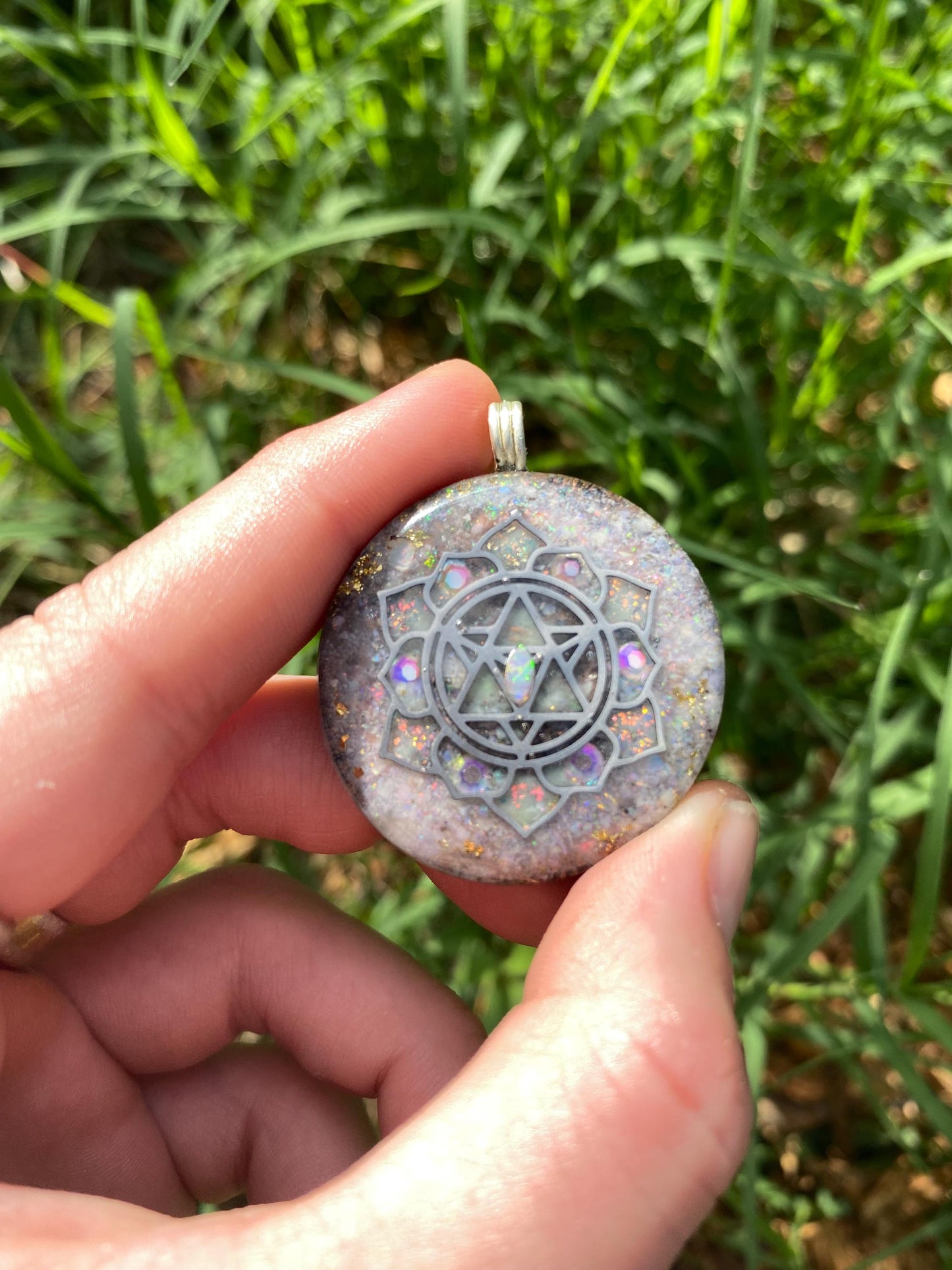 Merkaba Mandala, Orgone Pendant Necklace. Made w Elite Shungite, Lightning Ridge Opal.EMF Protection. TENSOR RING. Glow in the dark!