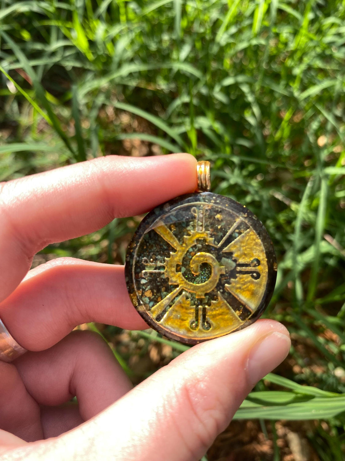 Hunab Ku, Orgone Pendant Necklace. Made w Elite Shungite, 25 ct Gold and Turquoise. Tensor Ring. Powerful. EMF 5G Protection.