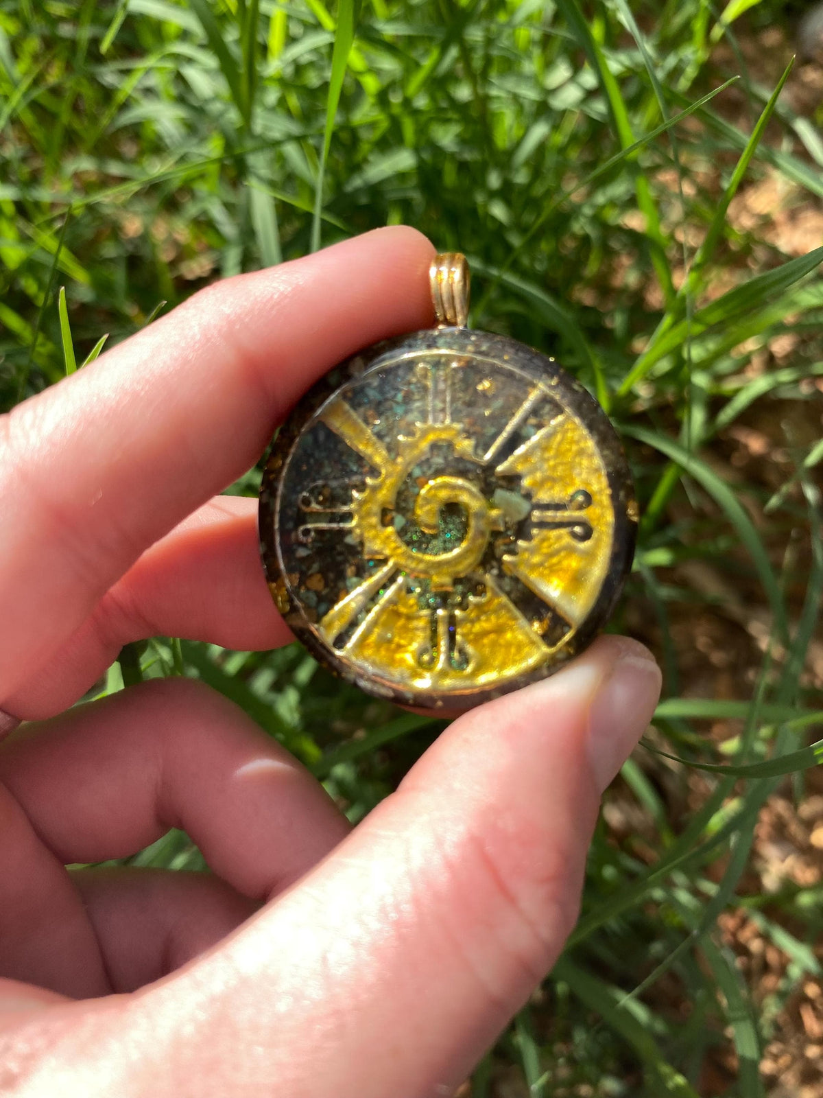 Hunab Ku, Orgone Pendant Necklace. Made w Elite Shungite, 25 ct Gold and Turquoise. Tensor Ring. Powerful. EMF 5G Protection.