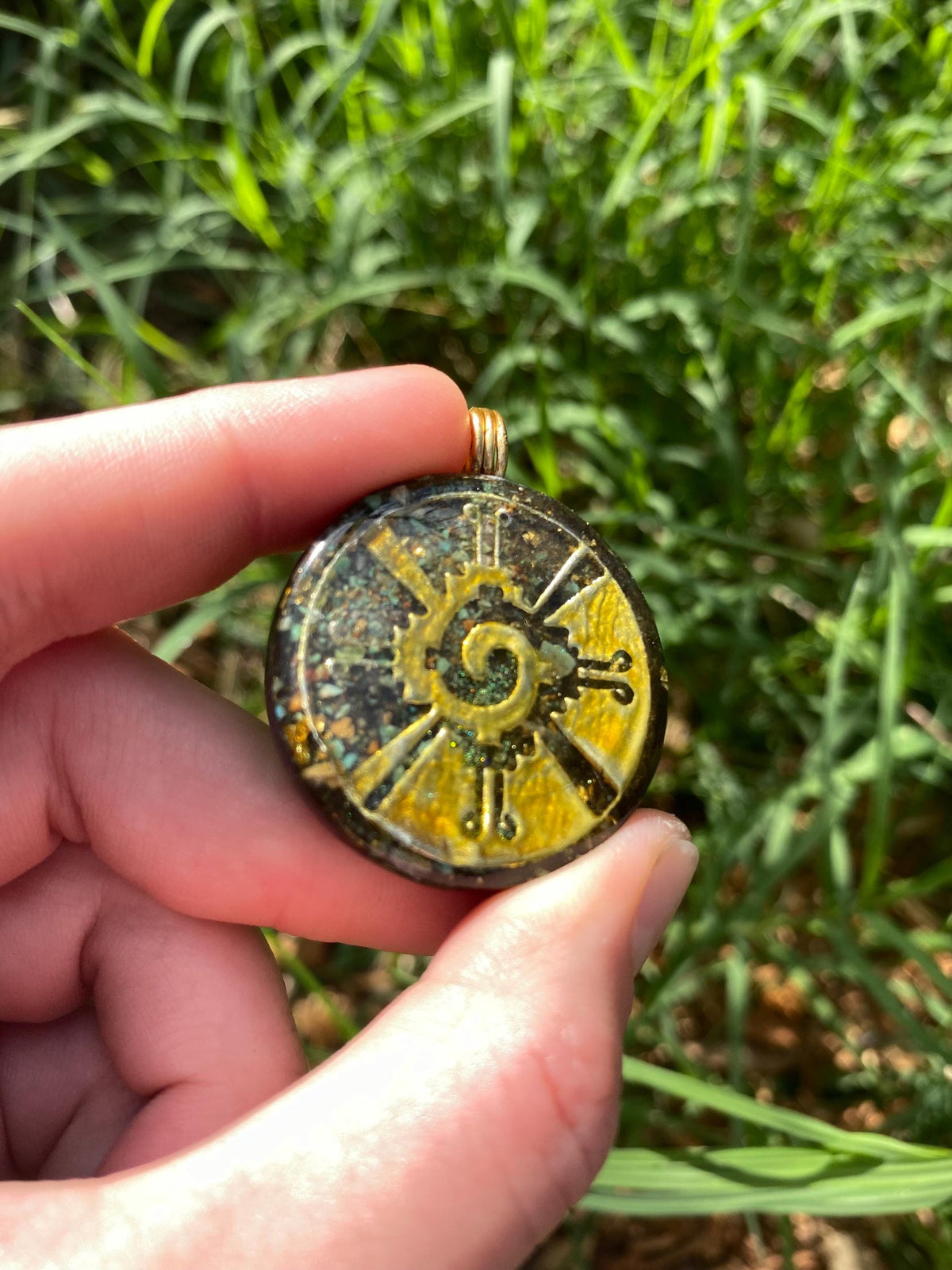 Hunab Ku, Orgone Pendant Necklace. Made w Elite Shungite, 25 ct Gold and Turquoise. Tensor Ring. Powerful. EMF 5G Protection.