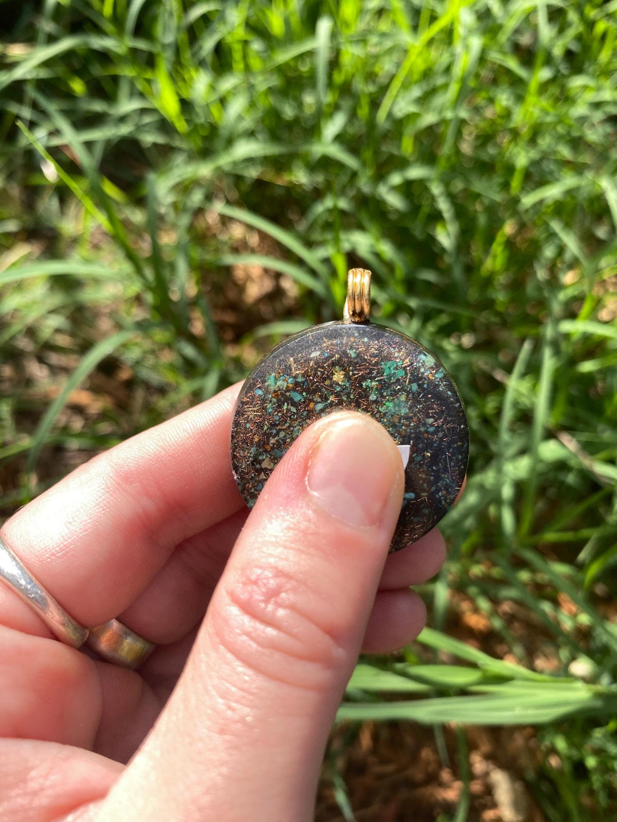 Hunab Ku, Orgone Pendant Necklace. Made w Elite Shungite, 25 ct Gold and Turquoise. Tensor Ring. Powerful. EMF 5G Protection.