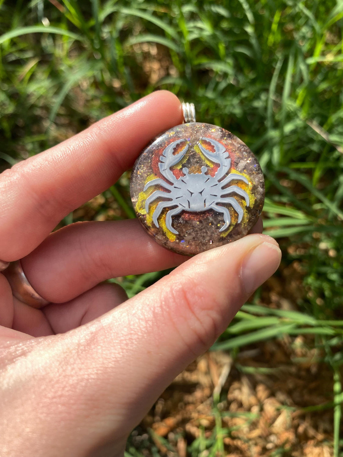 Crab. Orgone Pendant Necklace. Made w Elite Shungite, Sunstone and 24ct Gold. Powerful EMF Protection.