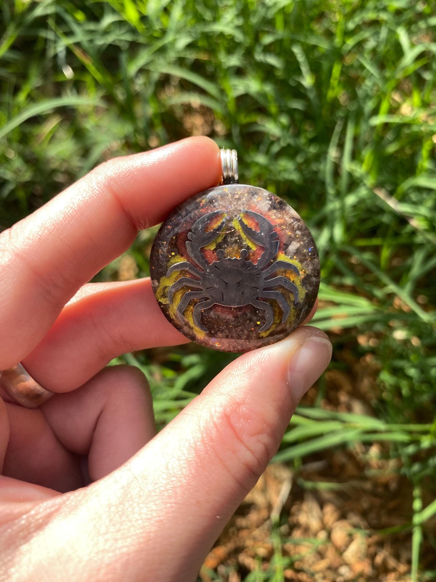 Crab. Orgone Pendant Necklace. Made w Elite Shungite, Sunstone and 24ct Gold. Powerful EMF Protection.