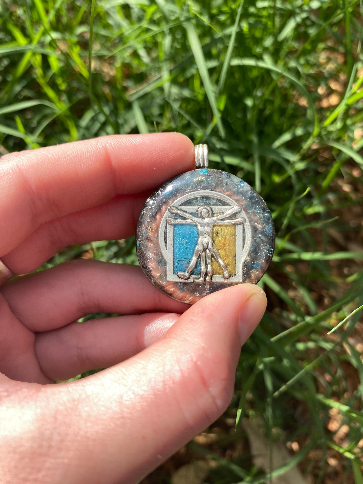 Vitruvian Man . Orgone Pendant Necklace. Made w Blue Apatite, & Elite Shungite. Tensor Ring. Powerful. EMF Protection.