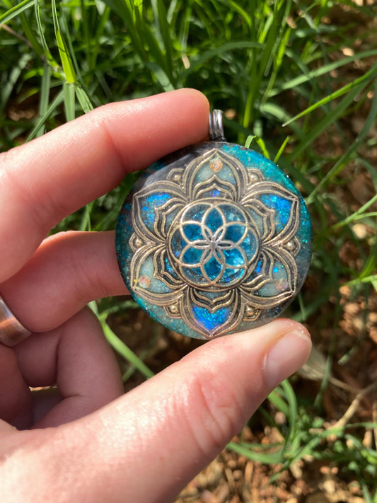 Seed of life Mandala. Orgone Pendant Necklace. Made w Elite Shungite, chryscolla, & Tensor Ring. Powerful. 5G Protection.