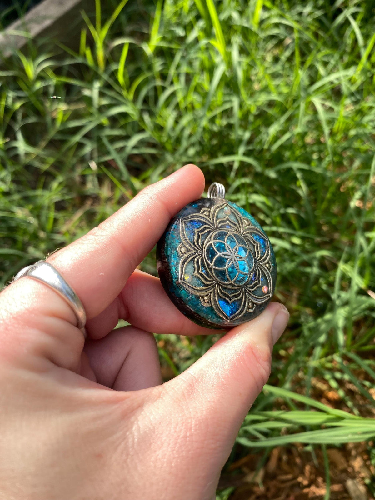 Seed of life Mandala. Orgone Pendant Necklace. Made w Elite Shungite, chryscolla, & Tensor Ring. Powerful. 5G Protection.