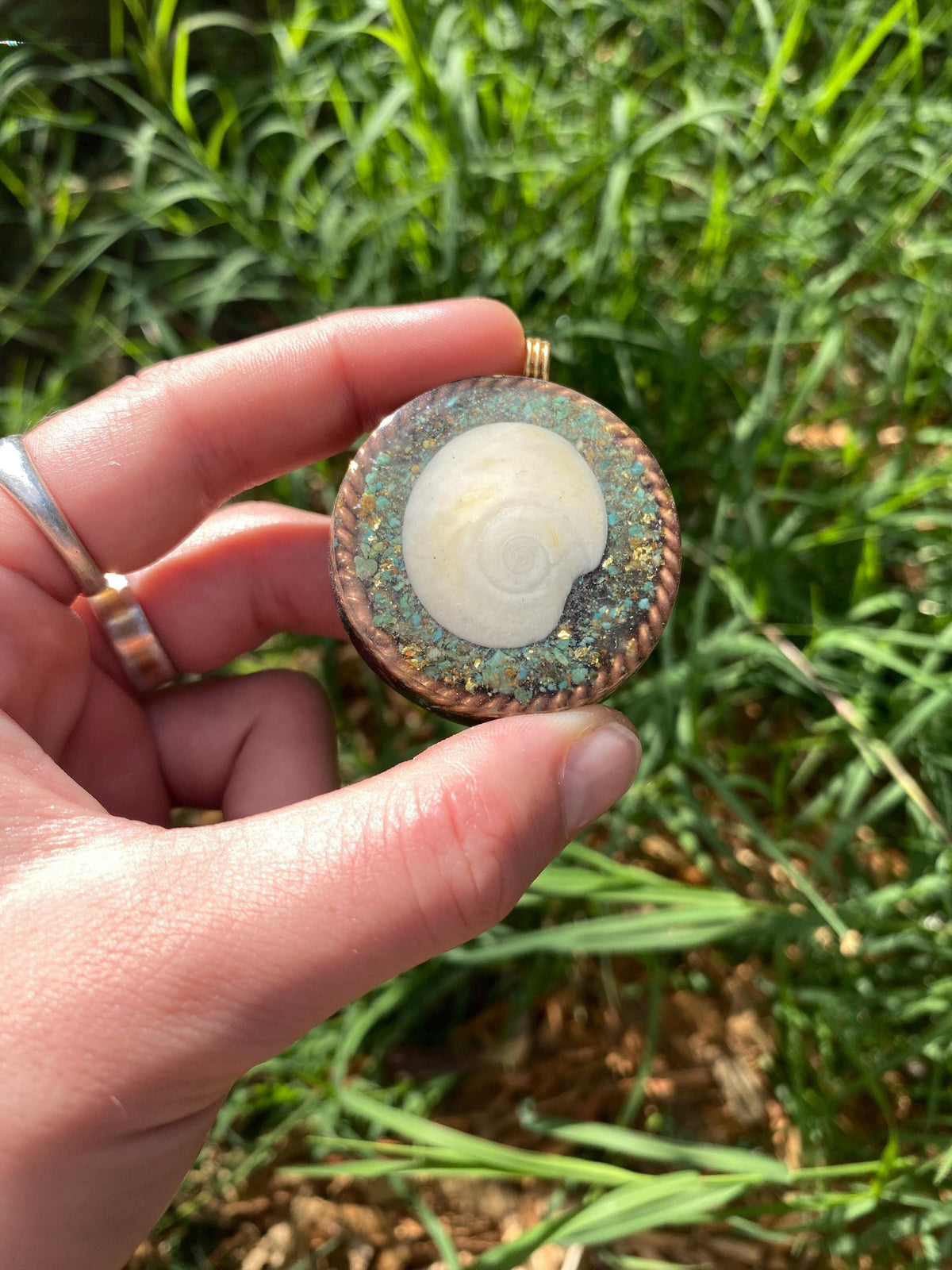 Spiral Shell, Orgone Pendant Necklace. Made w Elite Shungite, 25 ct Gold and Turquoise. Tensor Ring. Powerful. EMF 5G Protection.