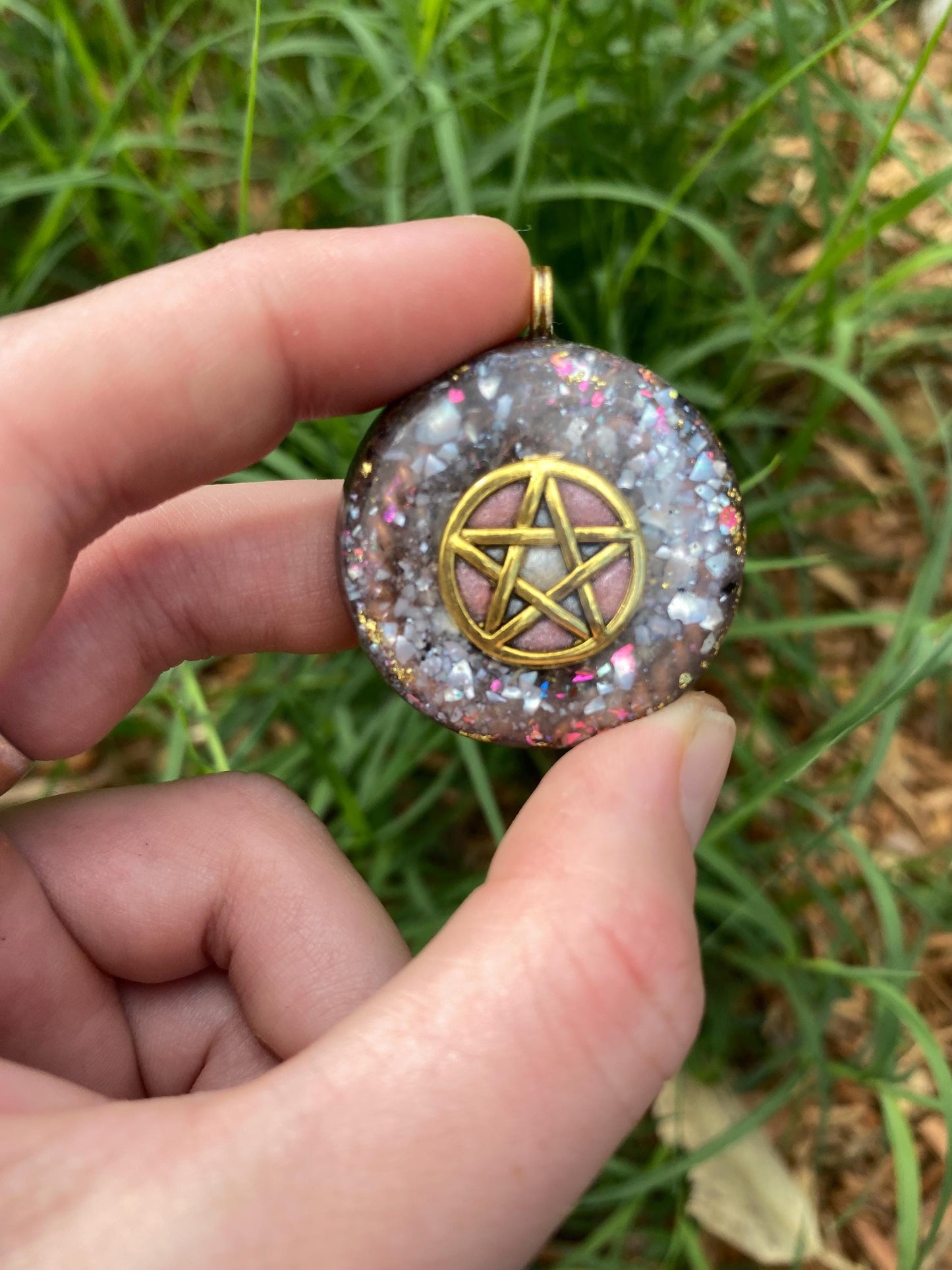 Pentagram Pendant Necklace. Made w Elite Shungite, Selenite, 24ct Gold and Pearl. Powerful. EMF Protection. 5G Protection. TENSOR RING