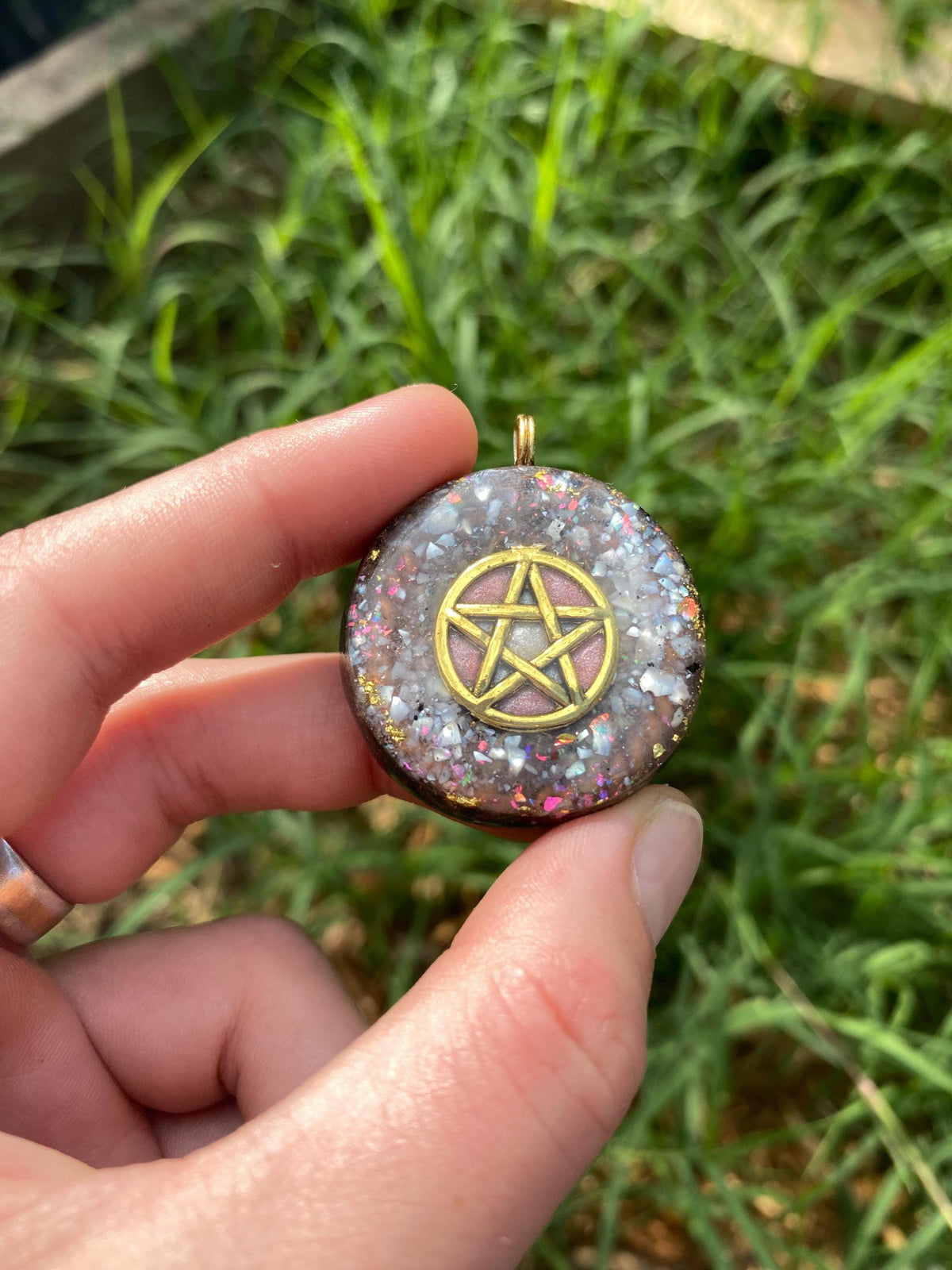 Pentagram Pendant Necklace. Made w Elite Shungite, Selenite, 24ct Gold and Pearl. Powerful. EMF Protection. 5G Protection. TENSOR RING