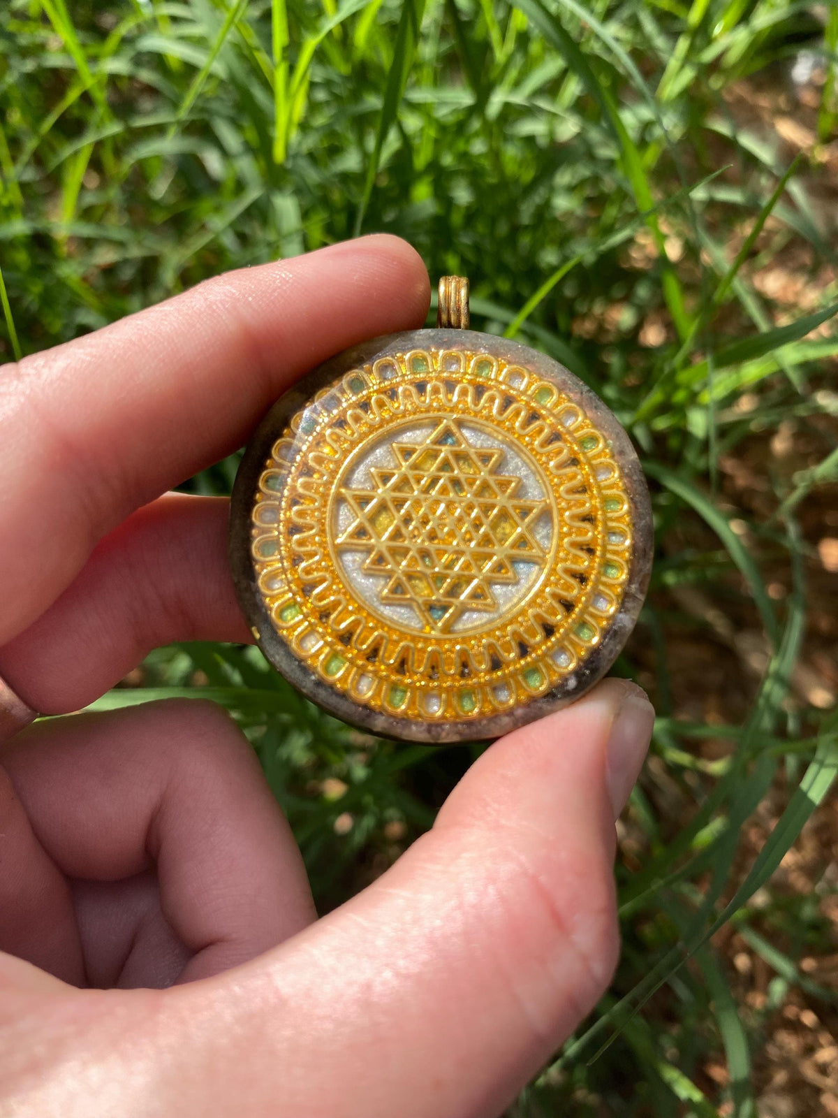 Sri Yantra mandala. Pendant Necklace. Made w Elite Shungite. Smokey Quartz. Tensor Ring. EMF Protection. 5G Protection.