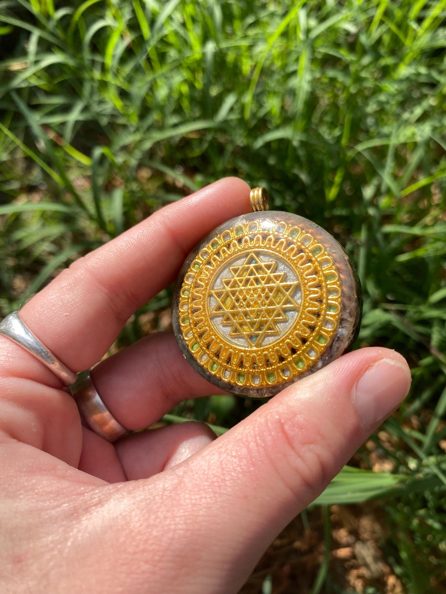 Sri Yantra mandala. Pendant Necklace. Made w Elite Shungite. Smokey Quartz. Tensor Ring. EMF Protection. 5G Protection.