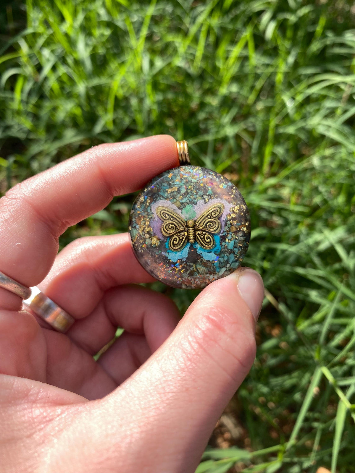 Butterfly, Orgone Pendant Necklace. Made w Elite Shungite, 25 ct Gold and Turquoise. Tensor Ring. Powerful. EMF 5G Protection.