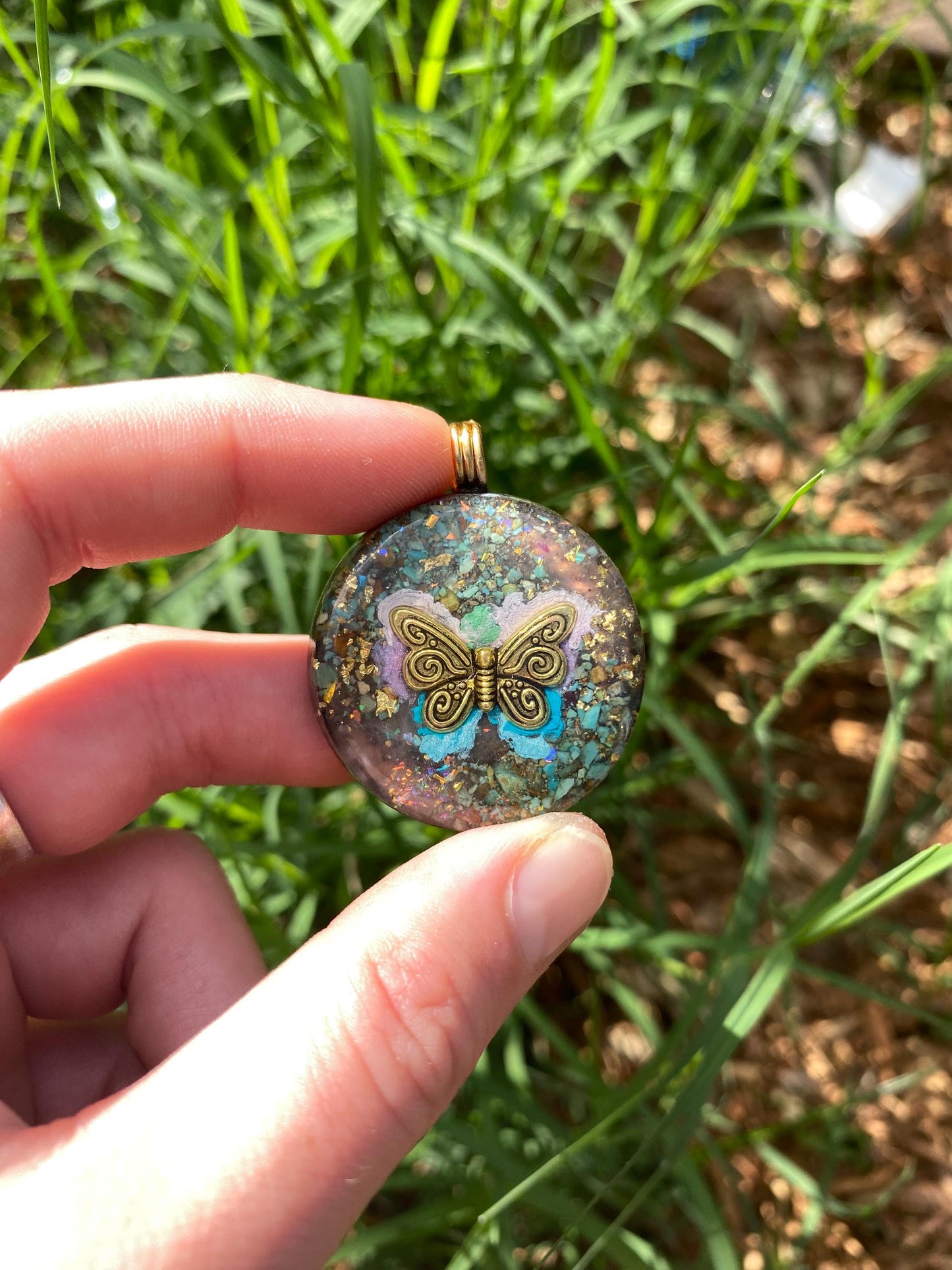 Butterfly, Orgone Pendant Necklace. Made w Elite Shungite, 25 ct Gold and Turquoise. Tensor Ring. Powerful. EMF 5G Protection.