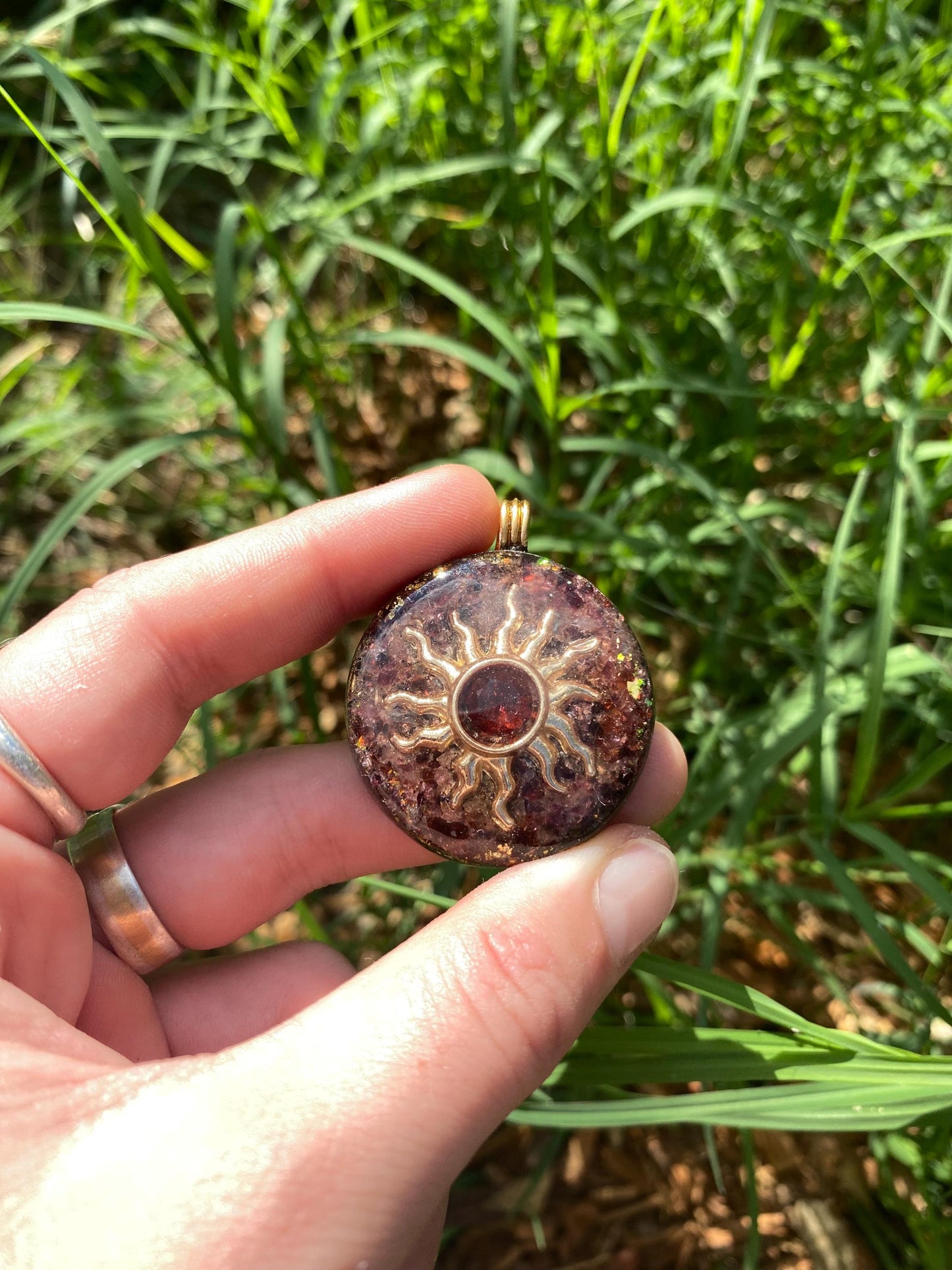 Sun. Pendant Necklace. Made w Elite Shungite. Almandine Garnet. 24ct Gold. Tensor Ring. Powerful. EMF Protection. 5G Protection.