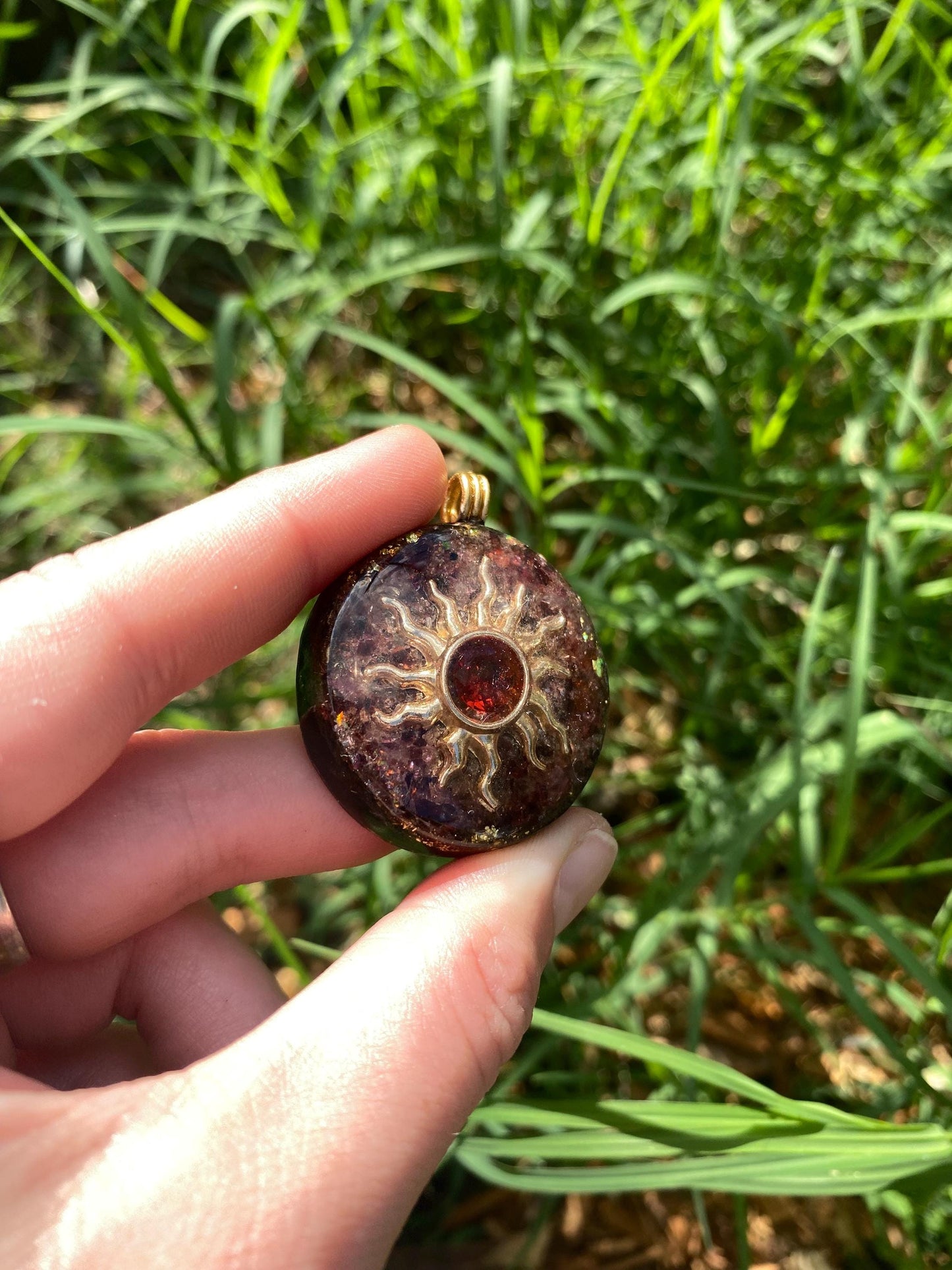 Sun. Pendant Necklace. Made w Elite Shungite. Almandine Garnet. 24ct Gold. Tensor Ring. Powerful. EMF Protection. 5G Protection.