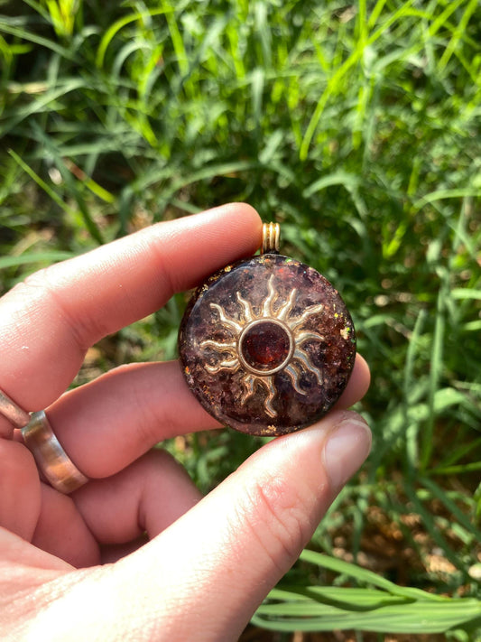 Sun. Pendant Necklace. Made w Elite Shungite. Almandine Garnet. 24ct Gold. Tensor Ring. Powerful. EMF Protection. 5G Protection.