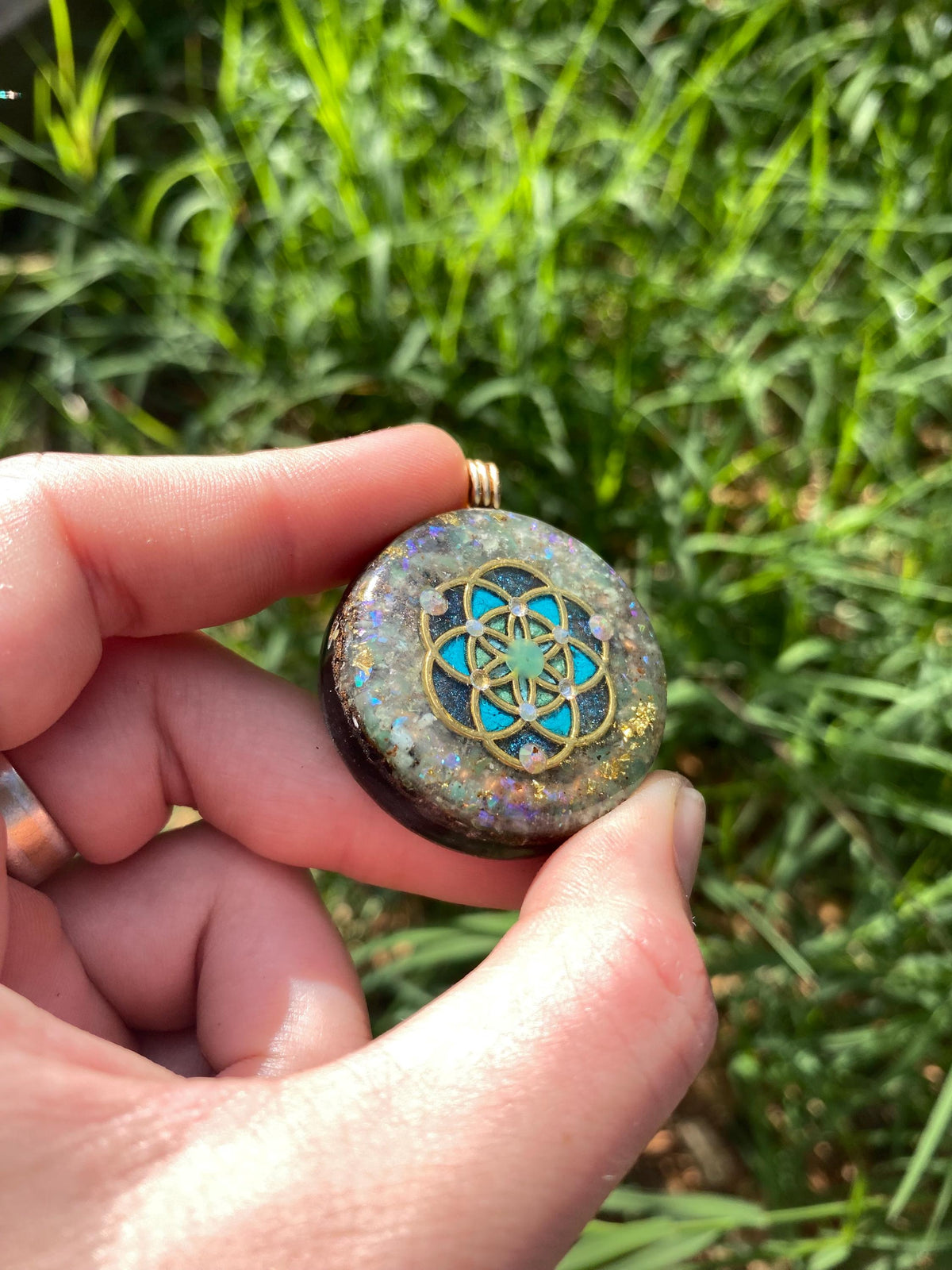 Seed of life. Orgone Pendant Necklace. Made w Chrysoprase, 24ct Gold & Elite Shungite. Tensor Ring. Powerful. EMF Protection.