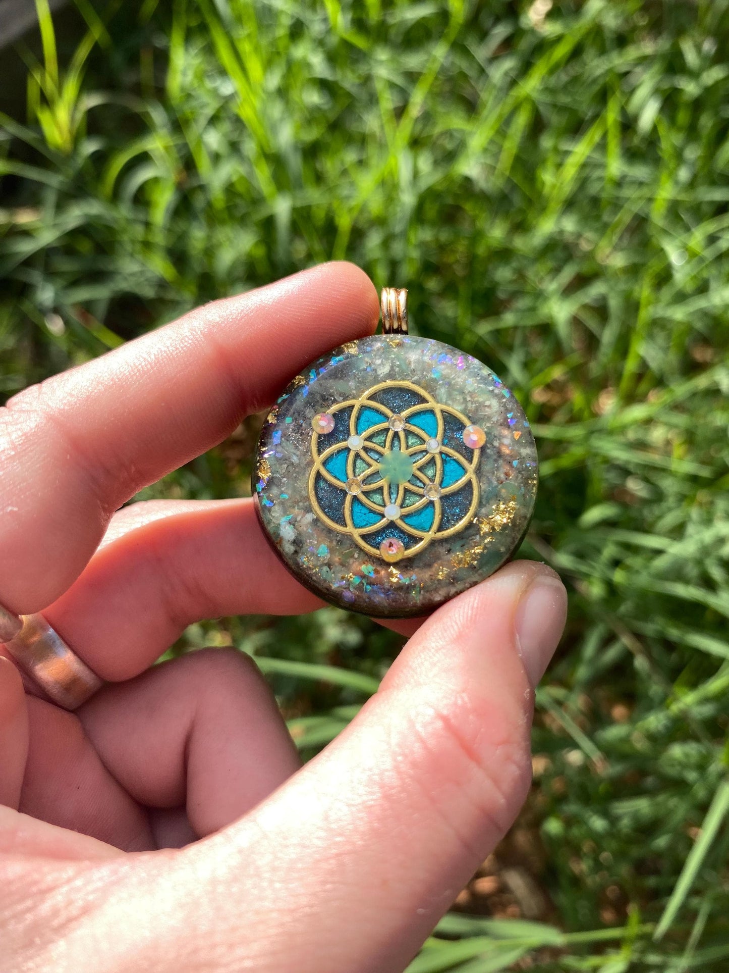 Seed of life. Orgone Pendant Necklace. Made w Chrysoprase, 24ct Gold & Elite Shungite. Tensor Ring. Powerful. EMF Protection.