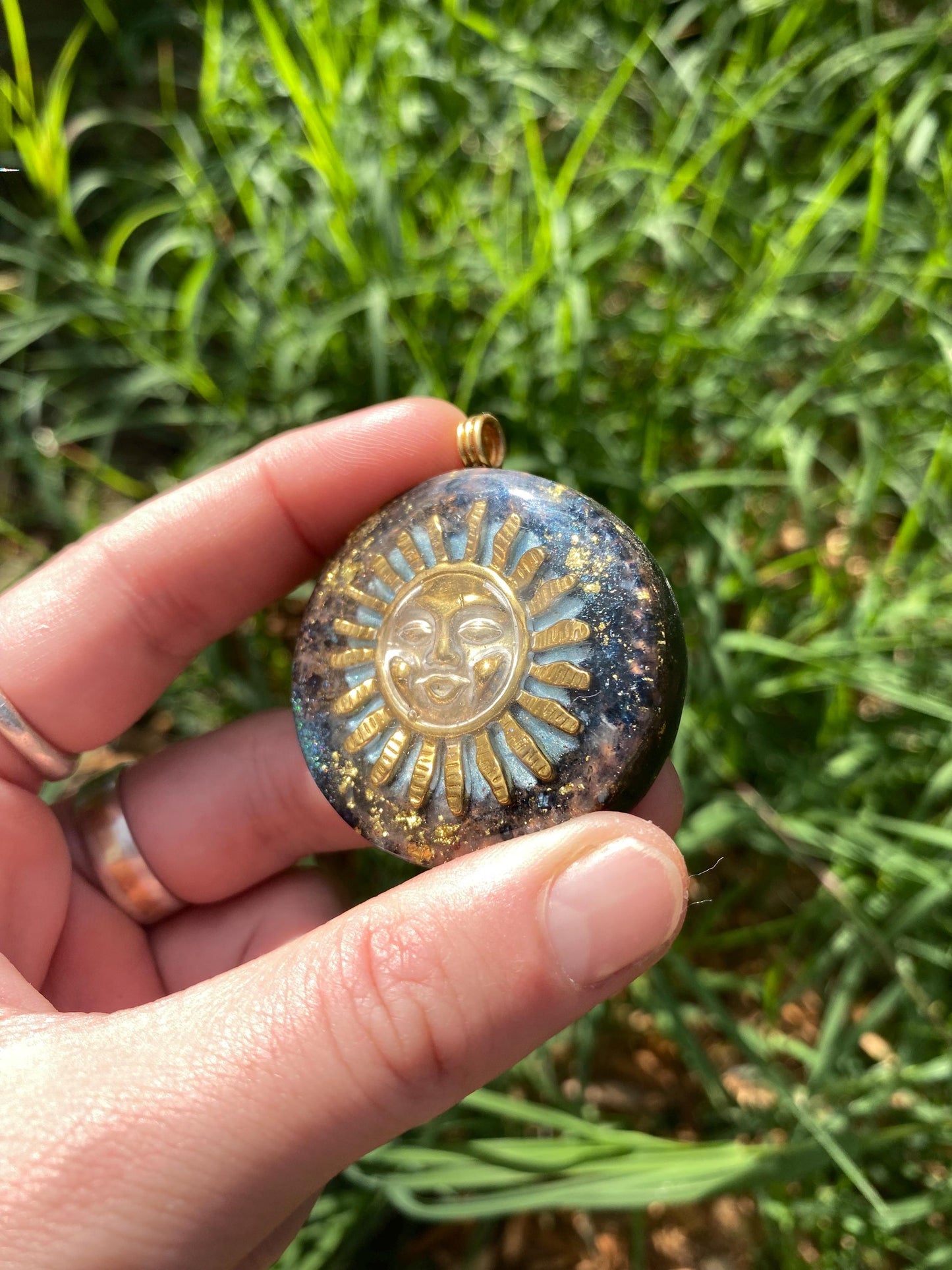 Smiling Sun. Orgone Pendant Necklace. Made w Elite Shungite, 24ct Gold and Vivianite & Tensor Ring. Powerful. 5G Protection.