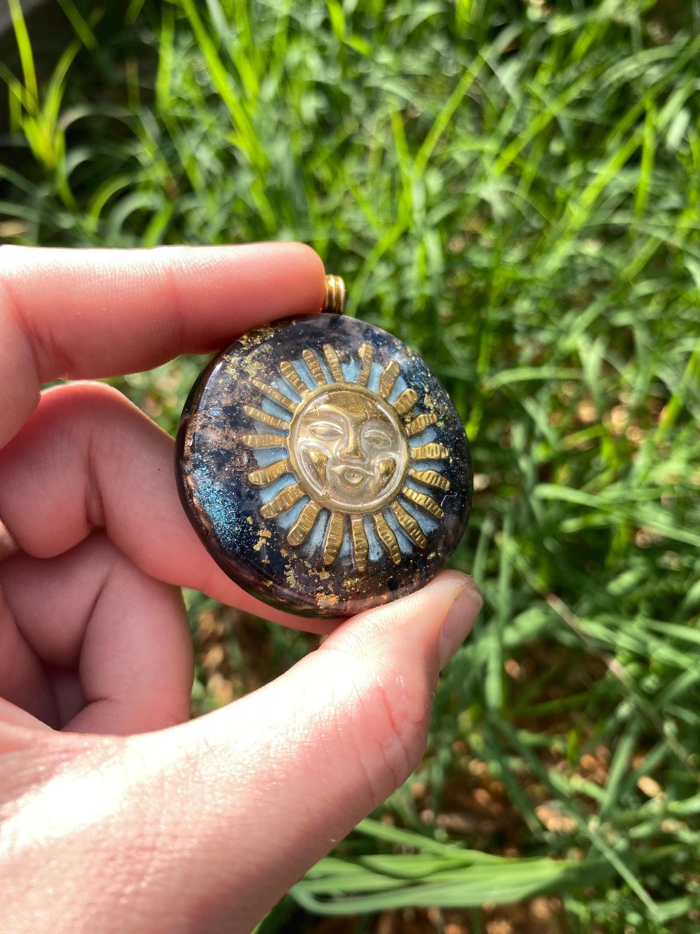 Smiling Sun. Orgone Pendant Necklace. Made w Elite Shungite, 24ct Gold and Vivianite & Tensor Ring. Powerful. 5G Protection.
