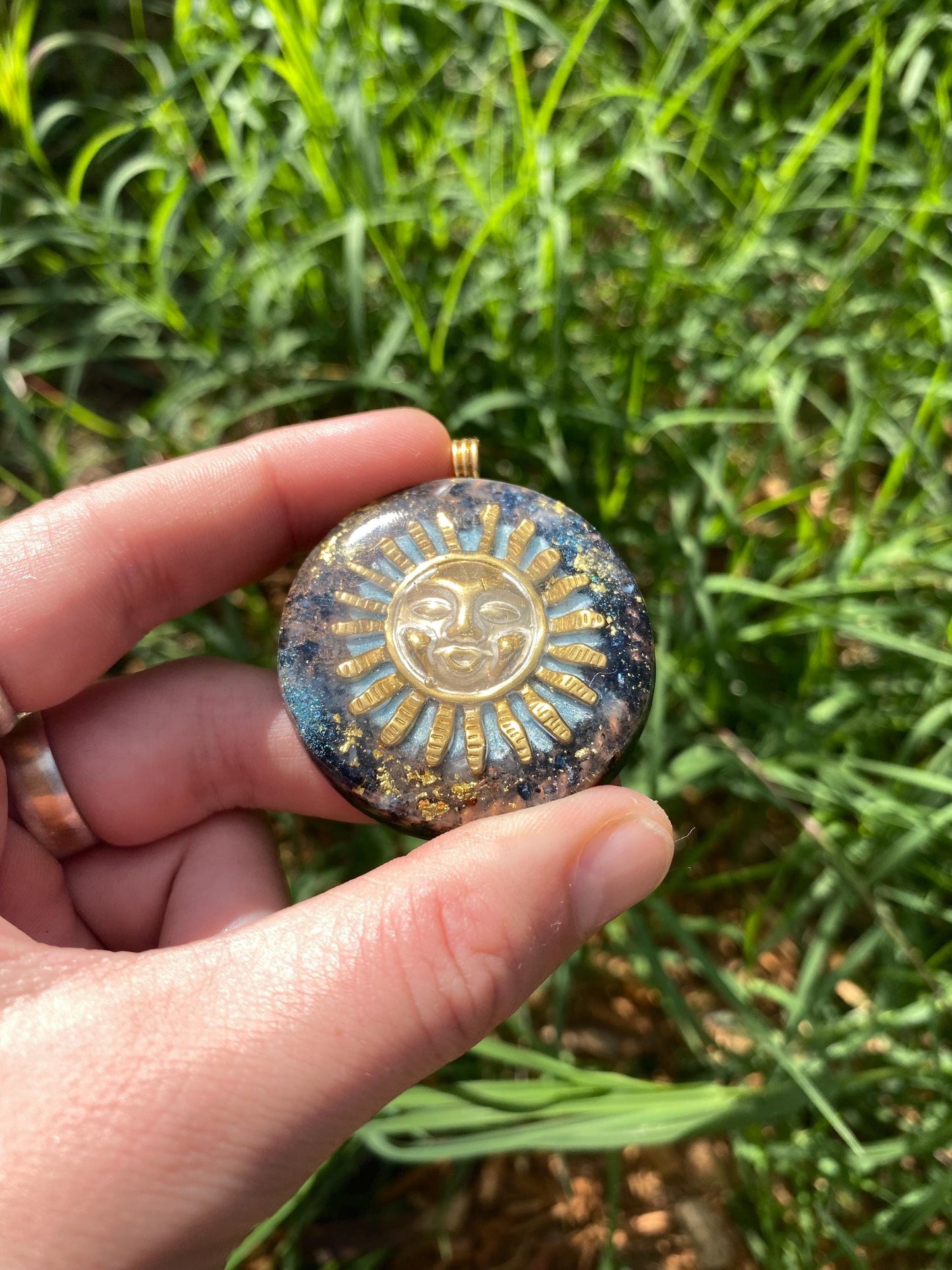 Smiling Sun. Orgone Pendant Necklace. Made w Elite Shungite, 24ct Gold and Vivianite & Tensor Ring. Powerful. 5G Protection.
