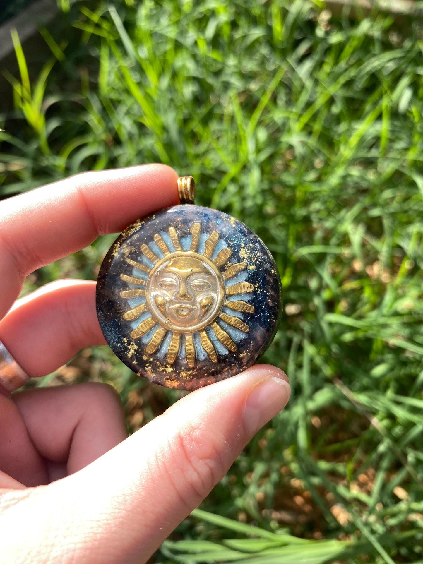 Smiling Sun. Orgone Pendant Necklace. Made w Elite Shungite, 24ct Gold and Vivianite & Tensor Ring. Powerful. 5G Protection.