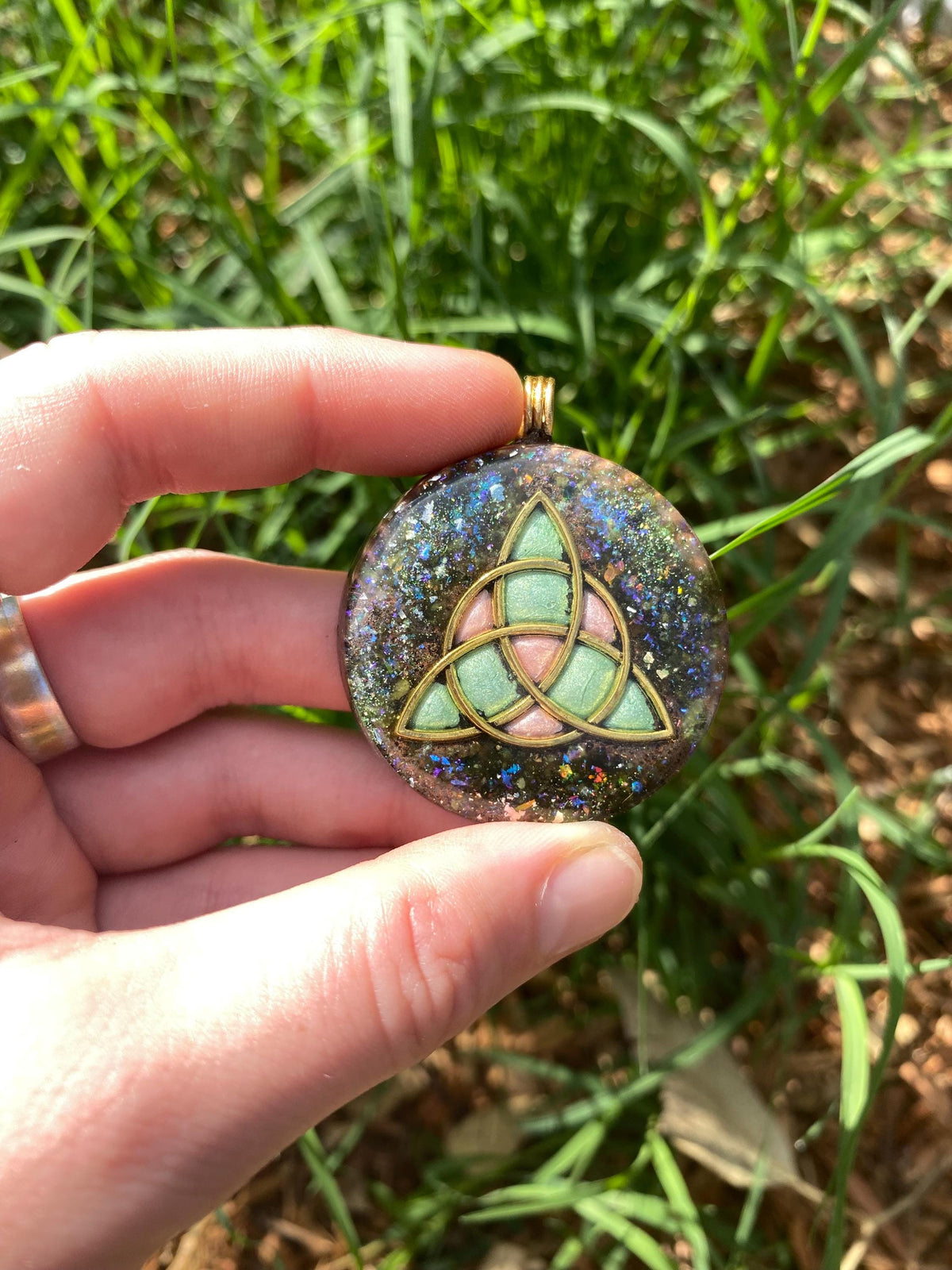 Triquetra Pendant Necklace. Made w Elite Shungite, Selenite, 24ct Gold and Septarian. Powerful. EMF Protection. 5G Protection. TENSOR RING
