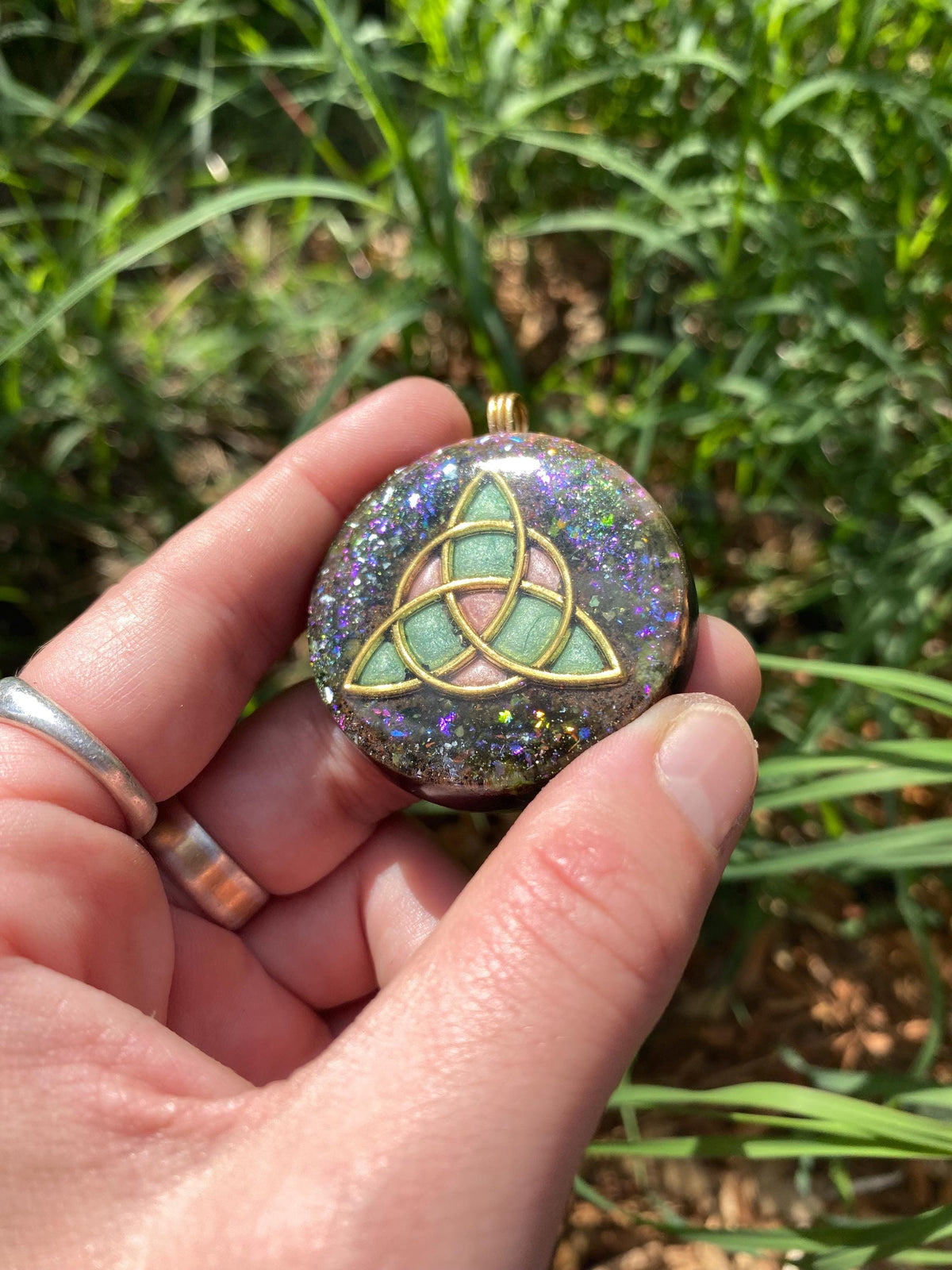 Triquetra Pendant Necklace. Made w Elite Shungite, Selenite, 24ct Gold and Septarian. Powerful. EMF Protection. 5G Protection. TENSOR RING