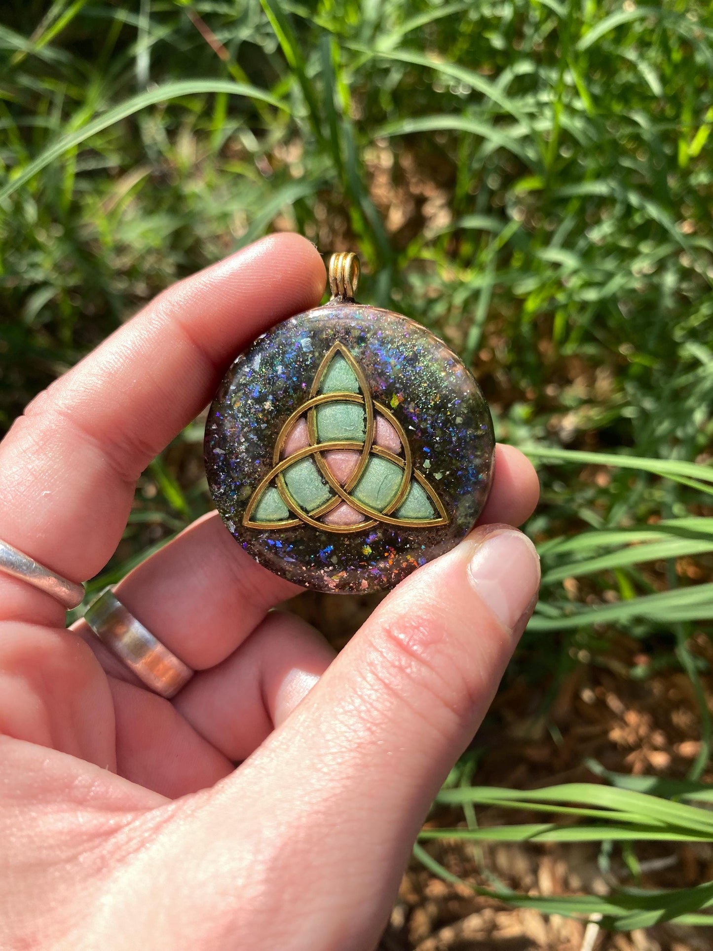 Triquetra Pendant Necklace. Made w Elite Shungite, Selenite, 24ct Gold and Septarian. Powerful. EMF Protection. 5G Protection. TENSOR RING
