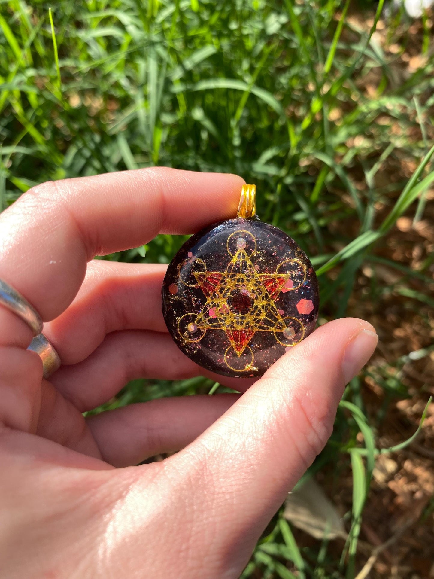 Metatrons Cube. Pendant Necklace. Made w Elite Shungite. Almandine Garnet. 24ct Gold. Tensor Ring. Powerful. EMF Protection. 5G Protection.