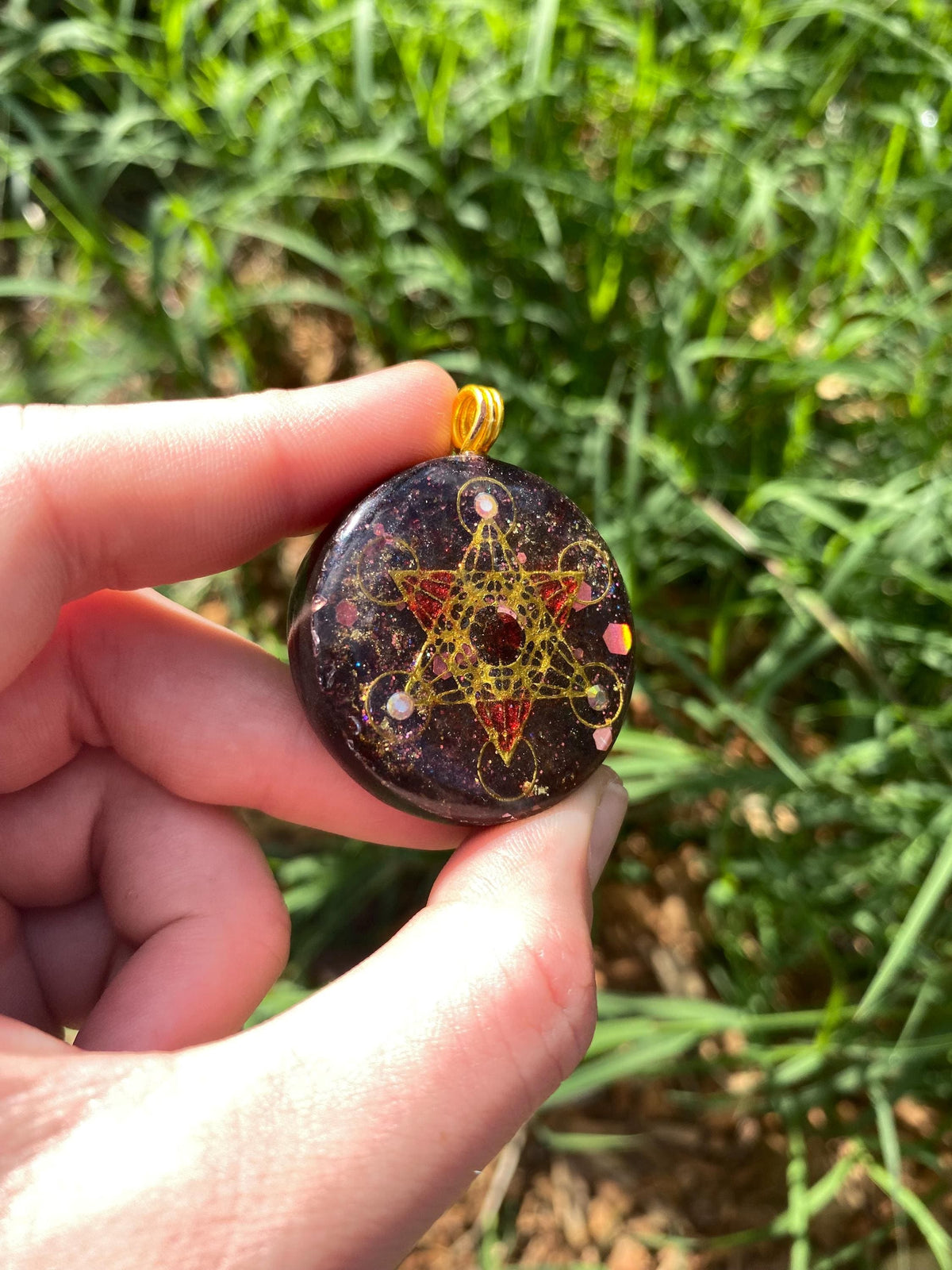 Metatrons Cube. Pendant Necklace. Made w Elite Shungite. Almandine Garnet. 24ct Gold. Tensor Ring. Powerful. EMF Protection. 5G Protection.